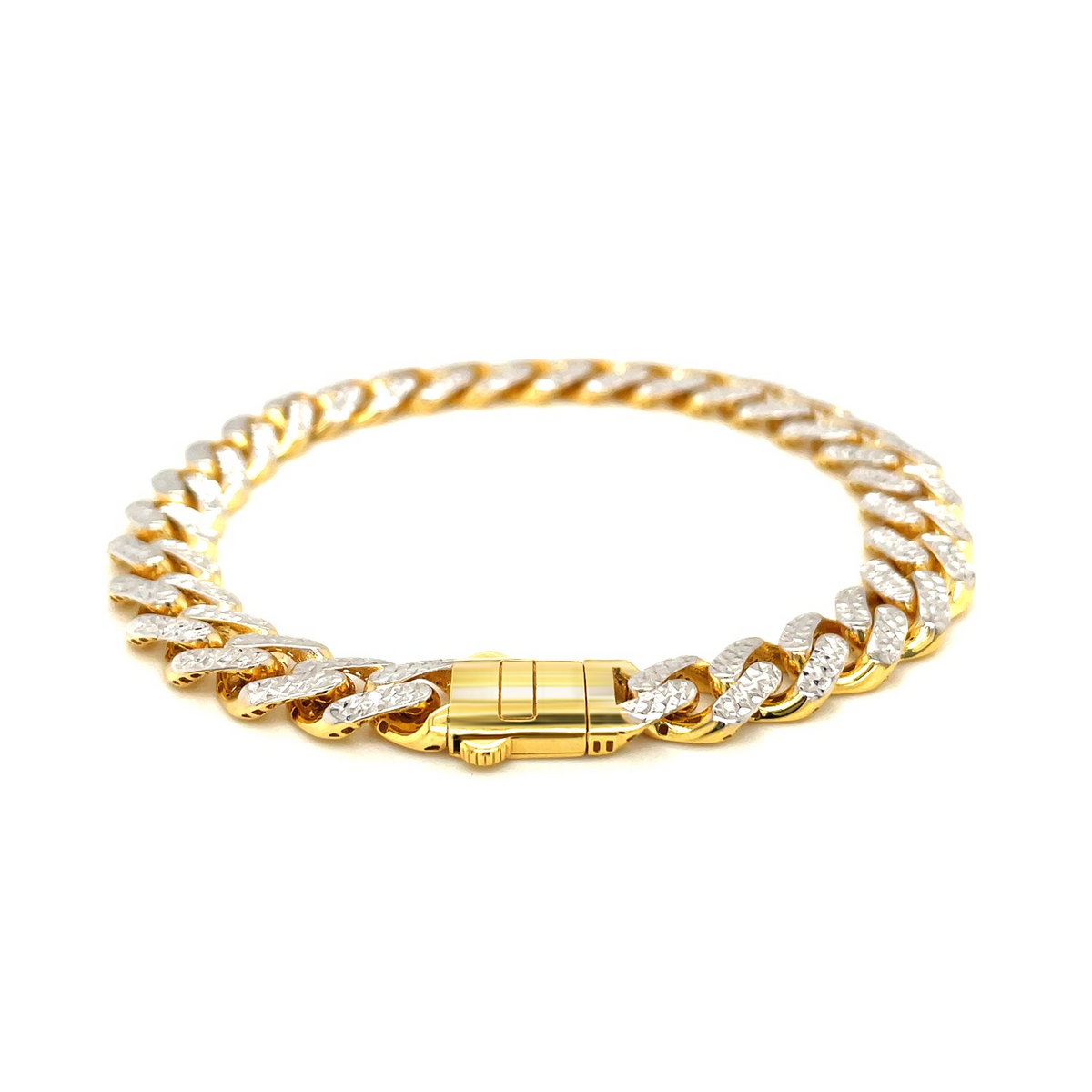 14k Two Tone Gold 8 1/4 inch Curb Chain Bracelet with White Pave - Selectique 