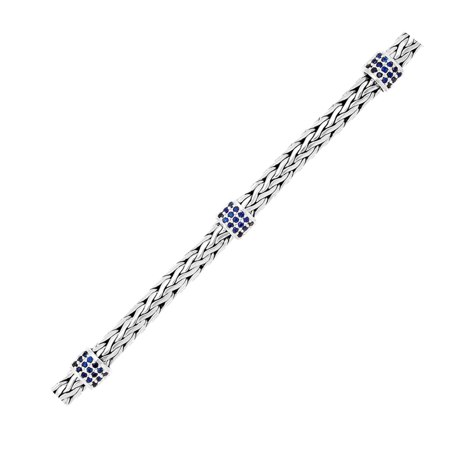 Sterling Silver Woven Bracelet with Blue Sapphire Stations - Selectique 