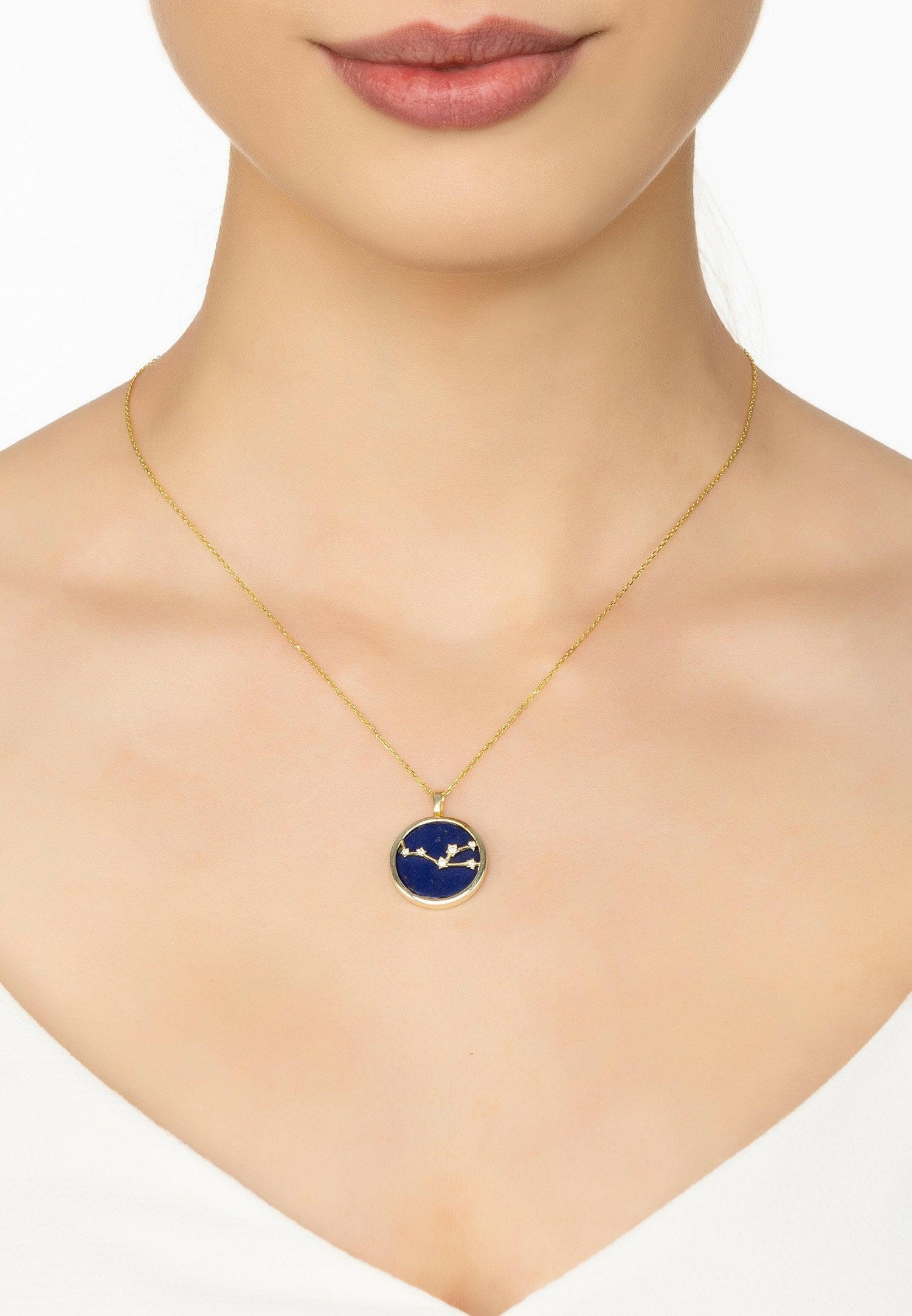 Zodiac Lapis Lazuli Gemstone Star Constellation Pendant Necklace Gold.