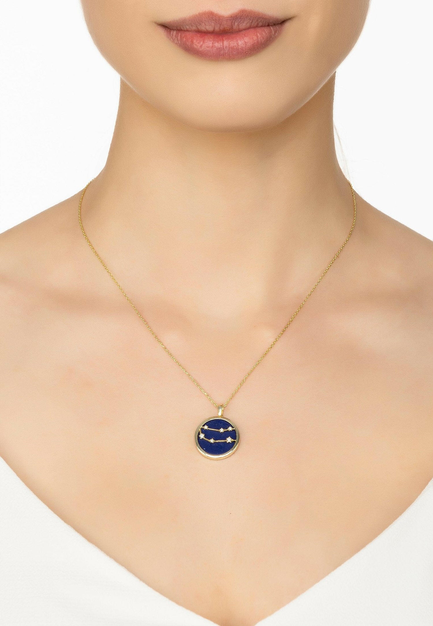 Zodiac Lapis Lazuli Gemstone Star Constellation Pendant Necklace Gold.