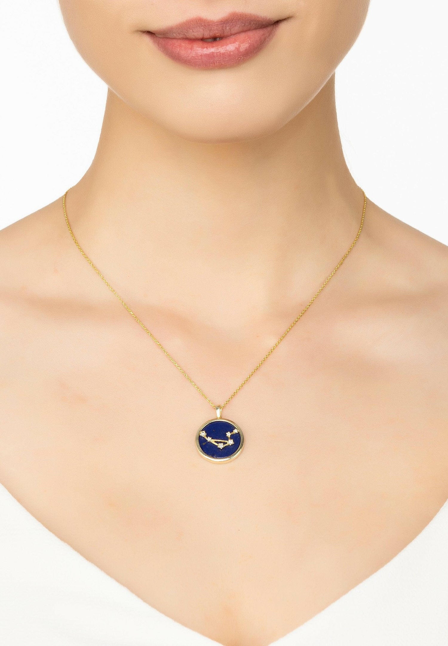 Zodiac Lapis Lazuli Gemstone Star Constellation Pendant Necklace Gold.