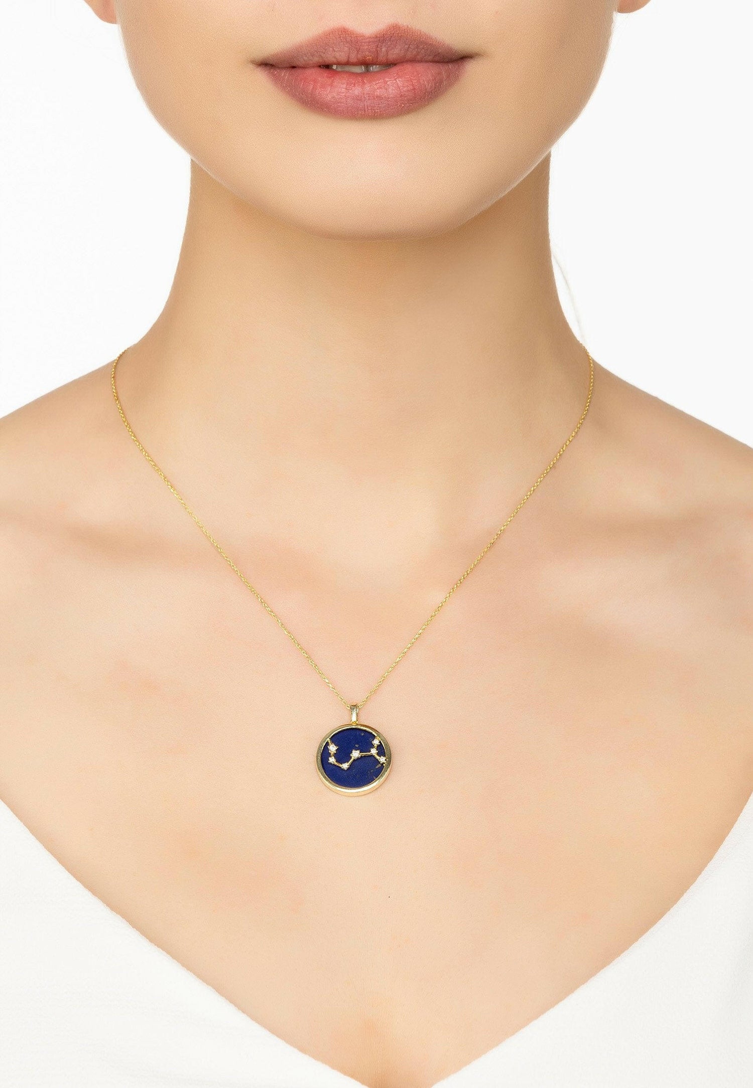 Zodiac Lapis Lazuli Gemstone Star Constellation Pendant Necklace Gold.