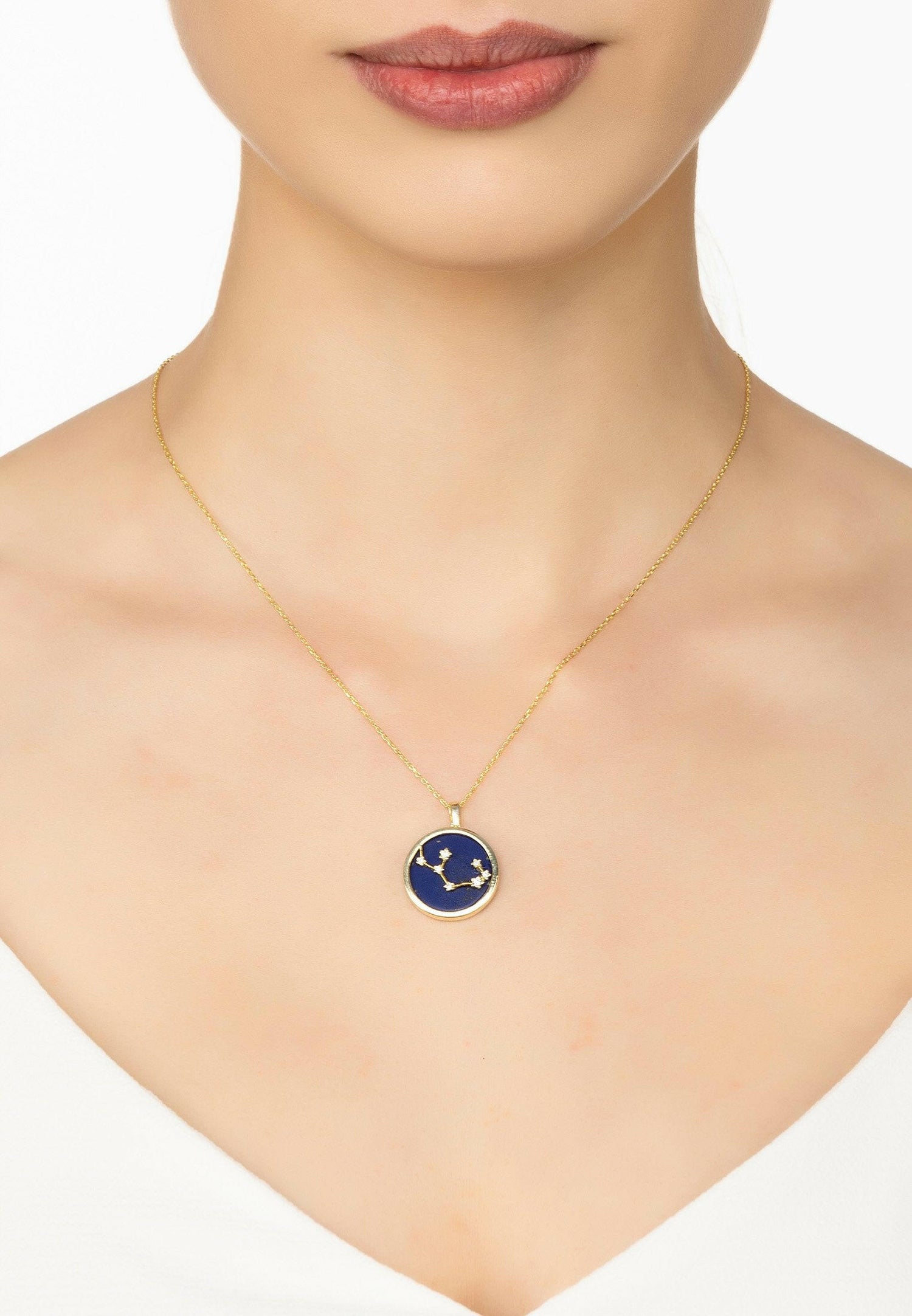 Zodiac Lapis Lazuli Gemstone Star Constellation Pendant Necklace Gold.