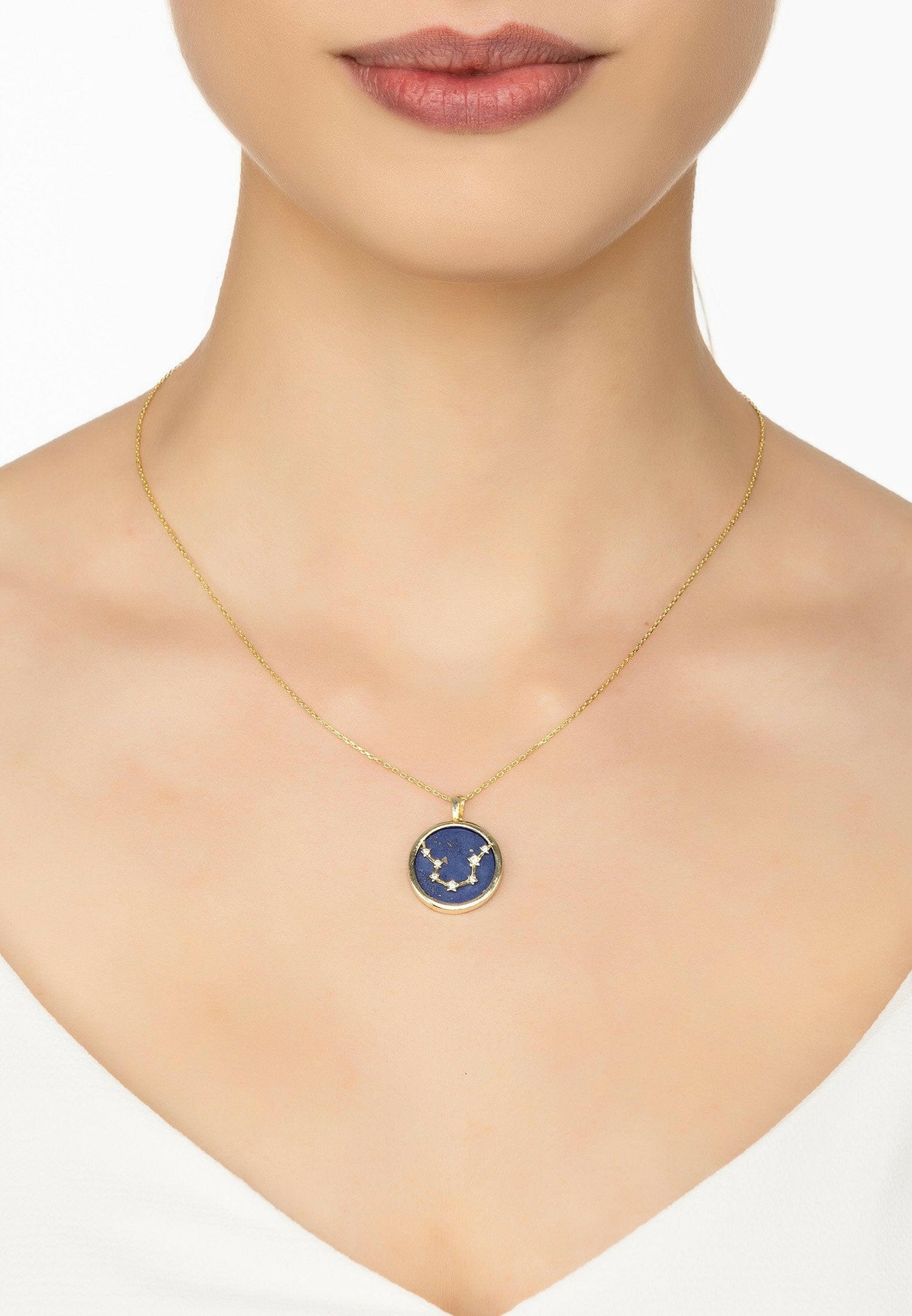 Zodiac Lapis Lazuli Gemstone Star Constellation Pendant Necklace Gold.