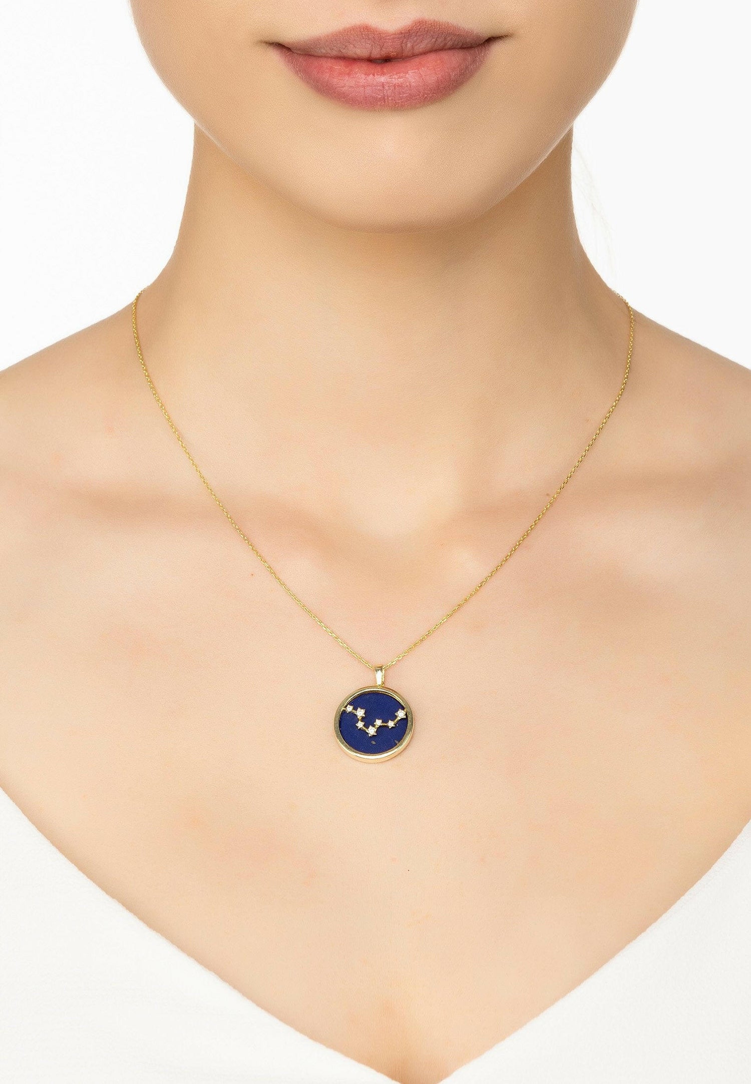 Zodiac Lapis Lazuli Gemstone Star Constellation Pendant Necklace Gold.