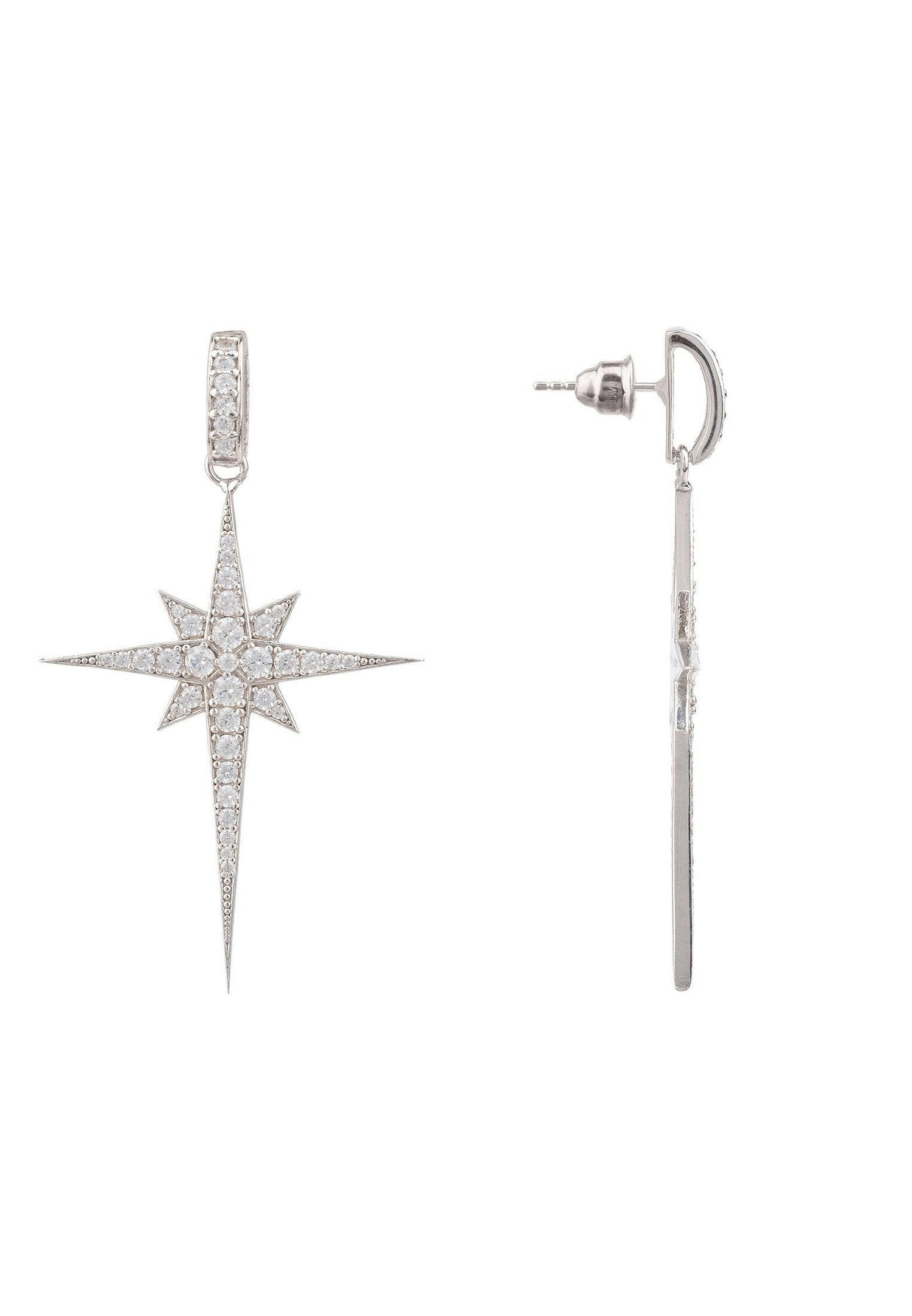 North Star Burst Large Drop Earrings Silver.