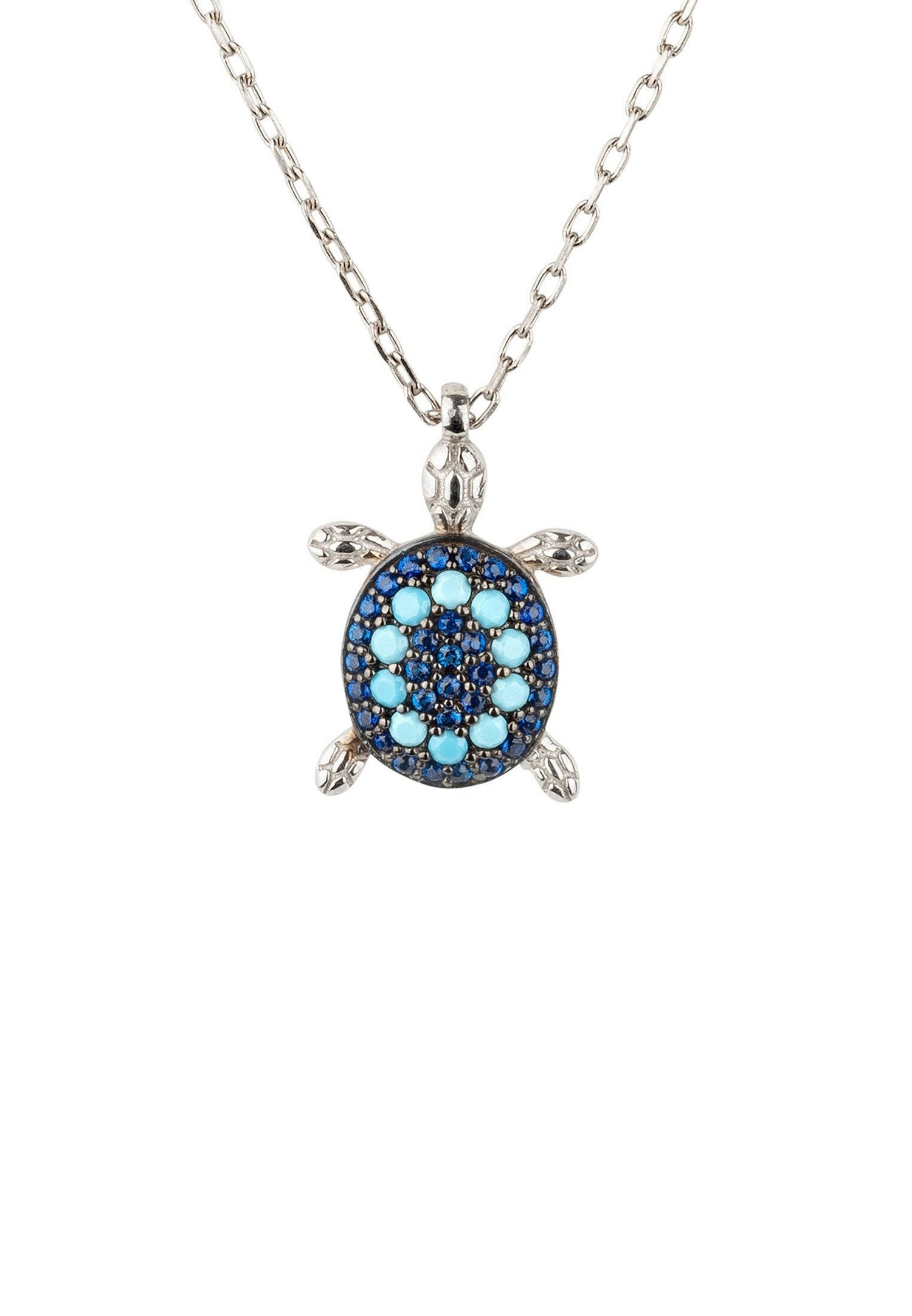 Turtle Turquoise Blue Pendant Necklace Silver.