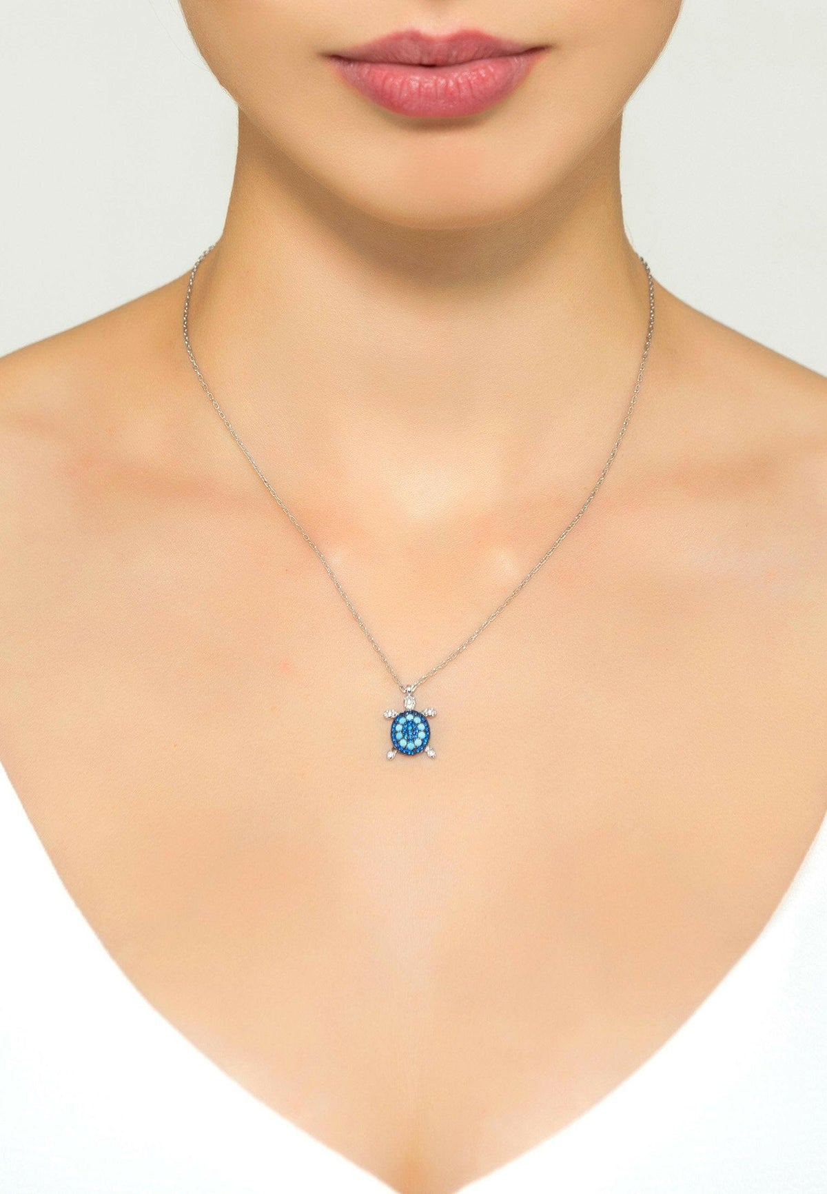 Turtle Turquoise Blue Pendant Necklace Silver.