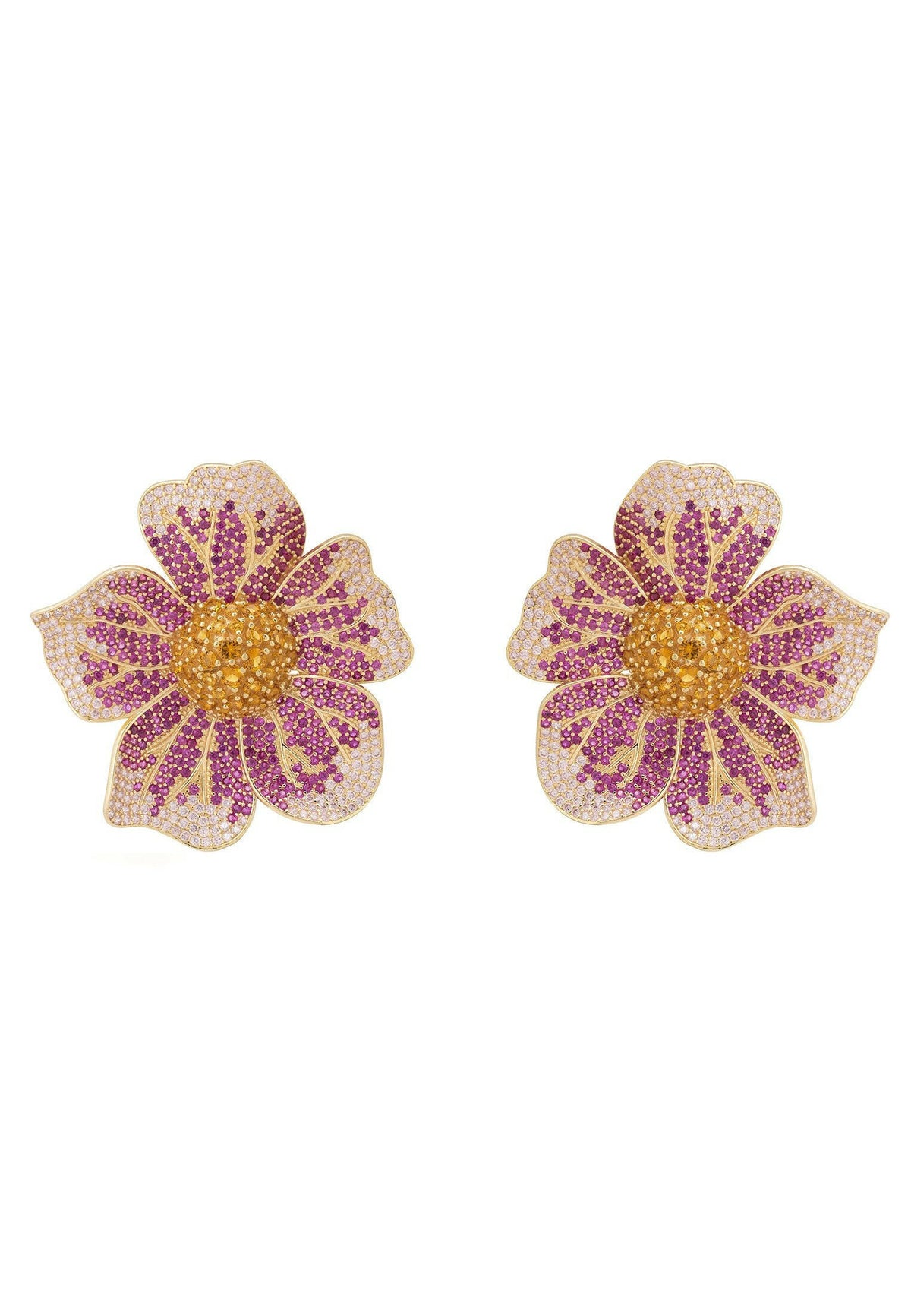 Pansy Flower Pink Earrings Gold.