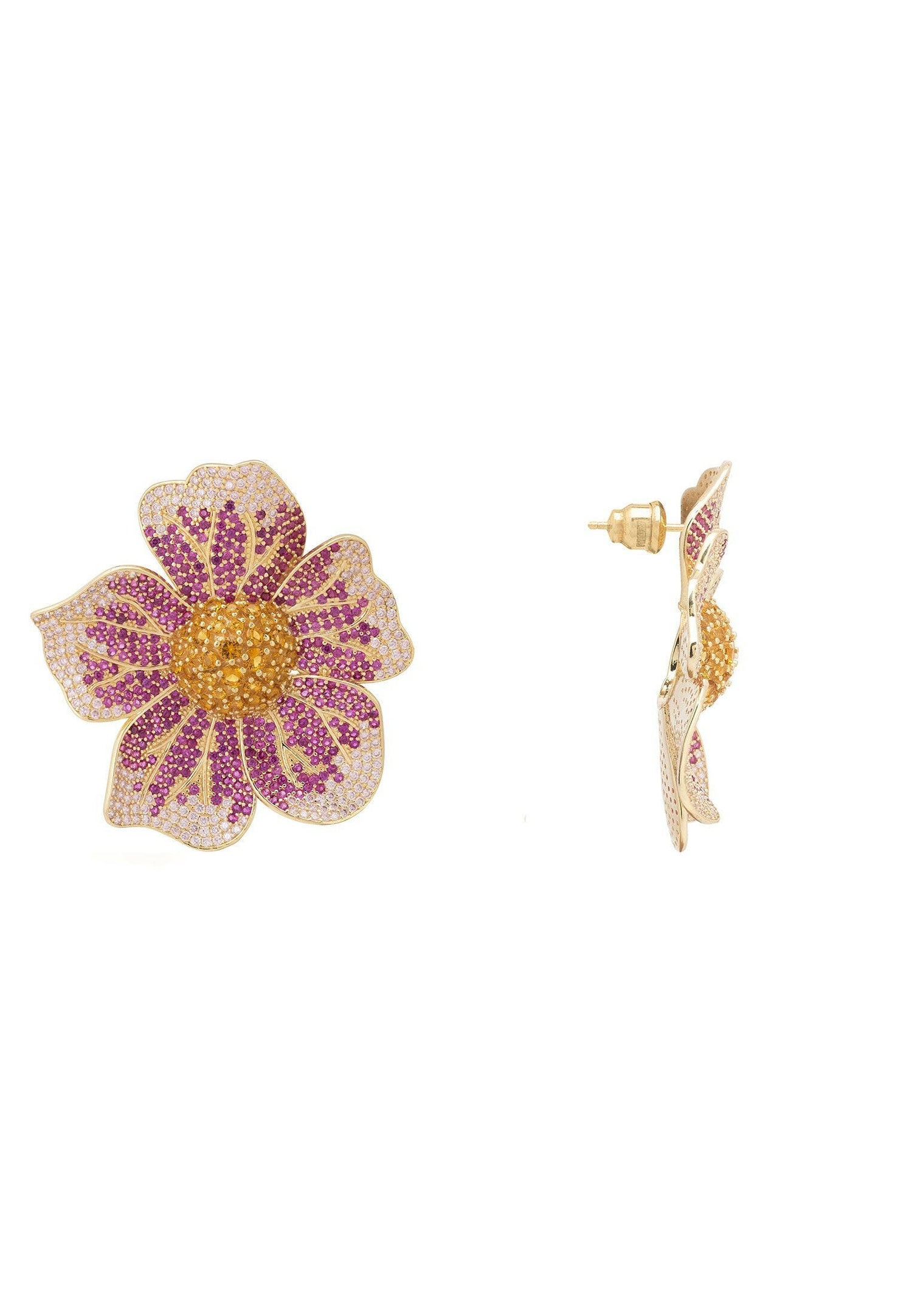 Pansy Flower Pink Earrings Gold.