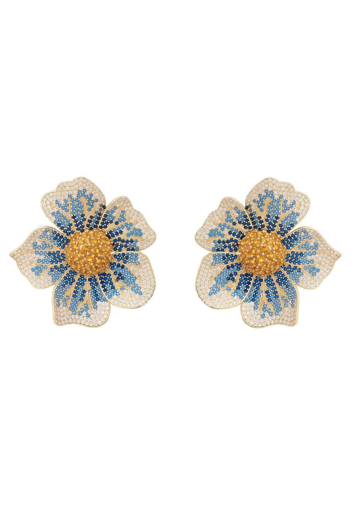 Pansy Flower Blue Earrings Gold.