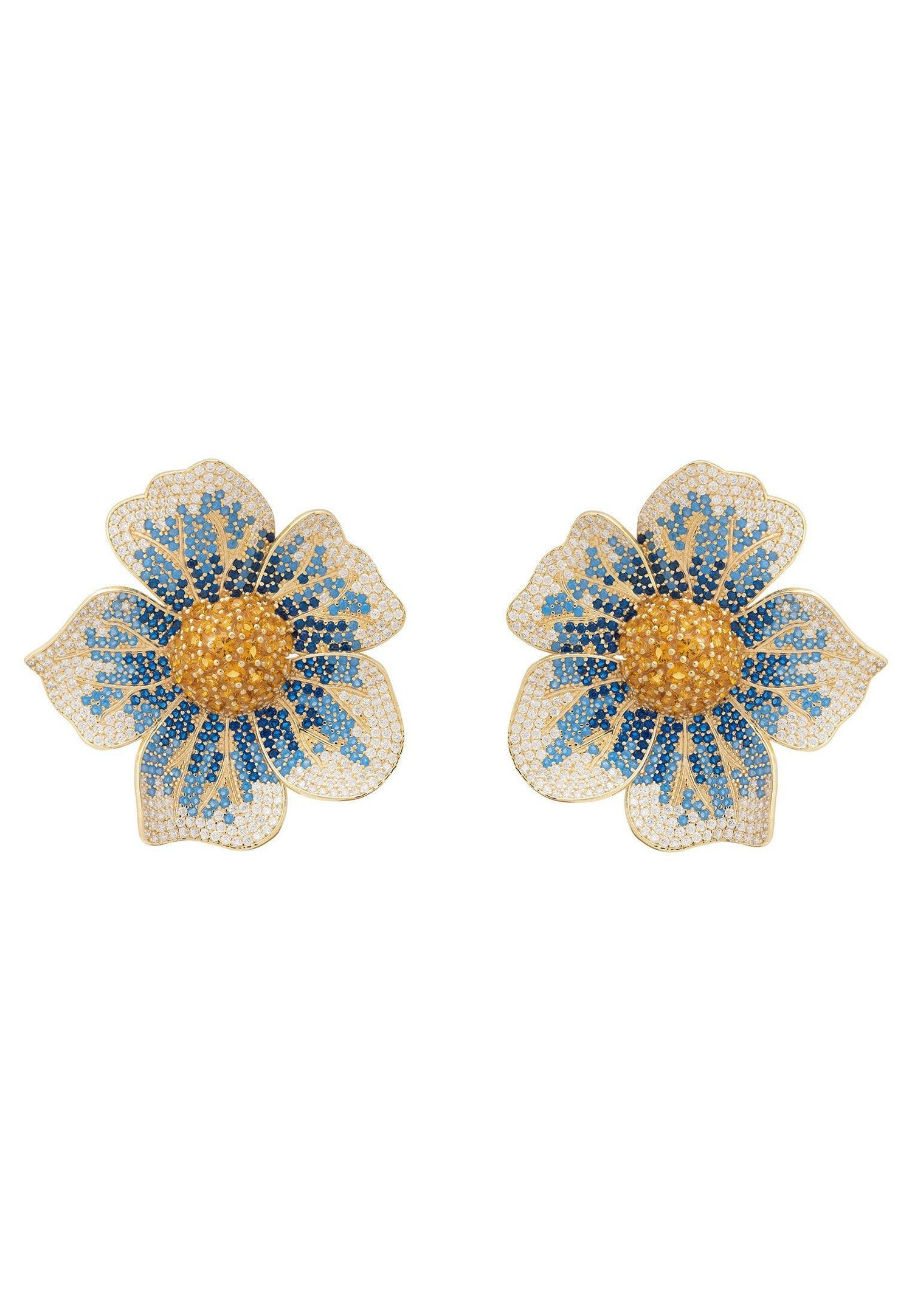 Pansy Flower Blue Earrings Gold.