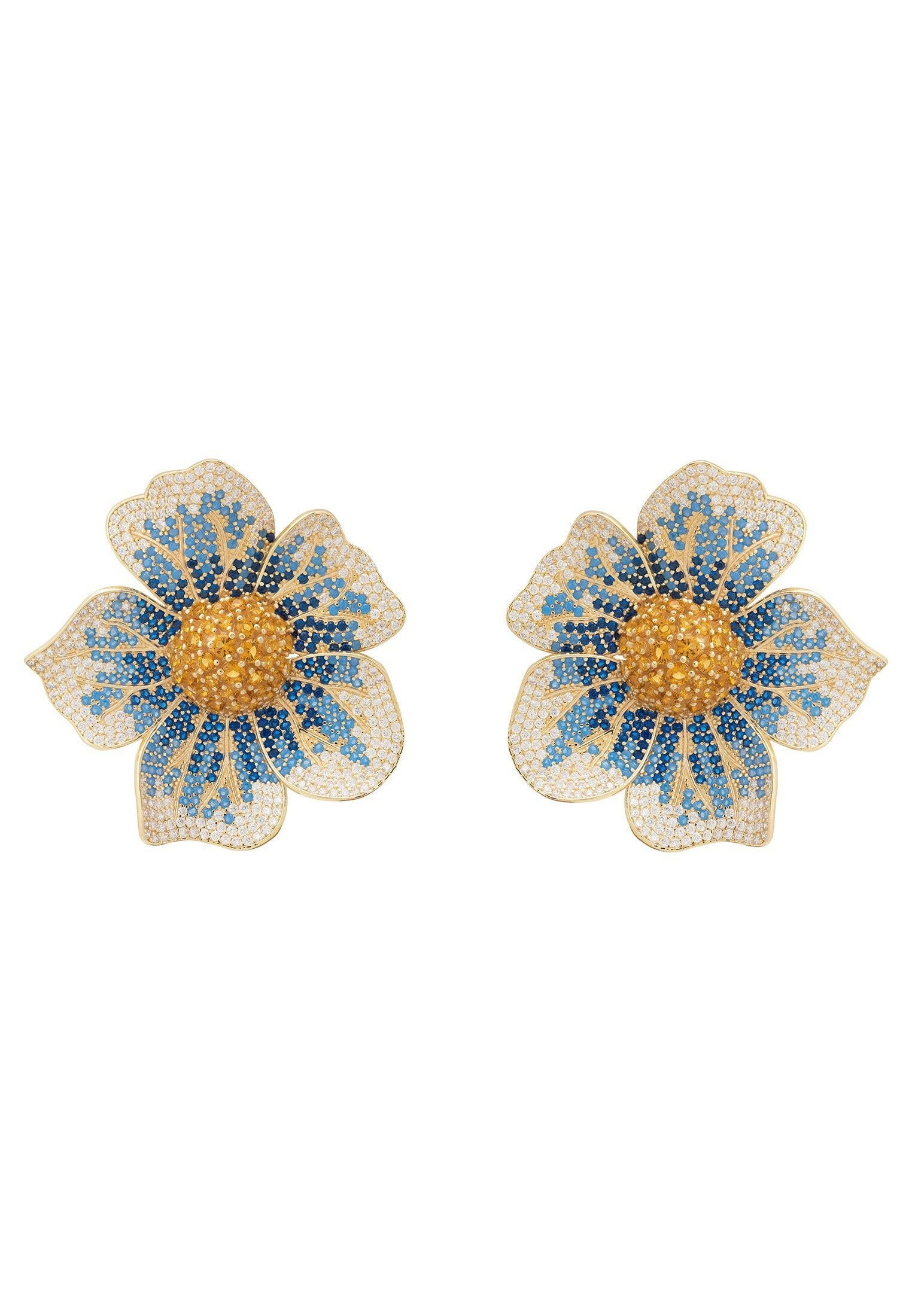 Pansy Flower Blue Earrings Gold.