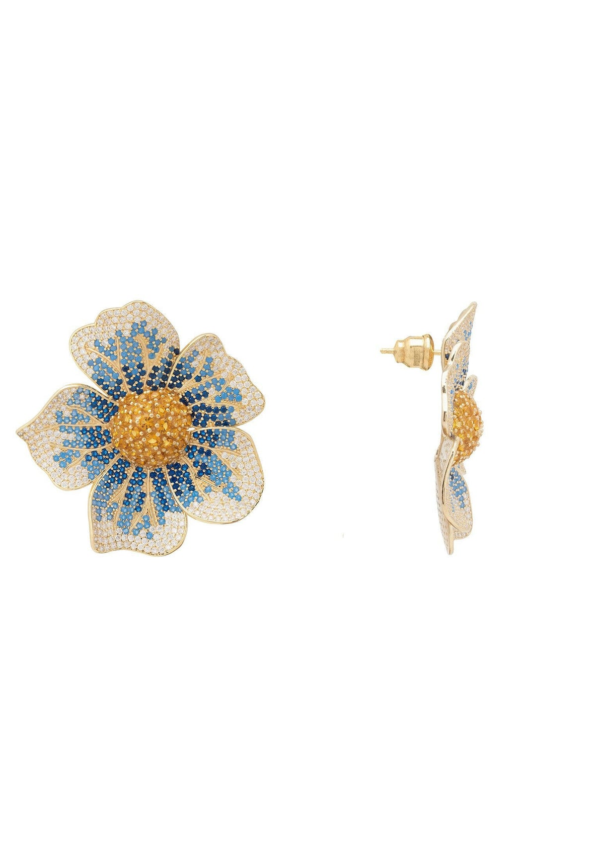 Pansy Flower Blue Earrings Gold.