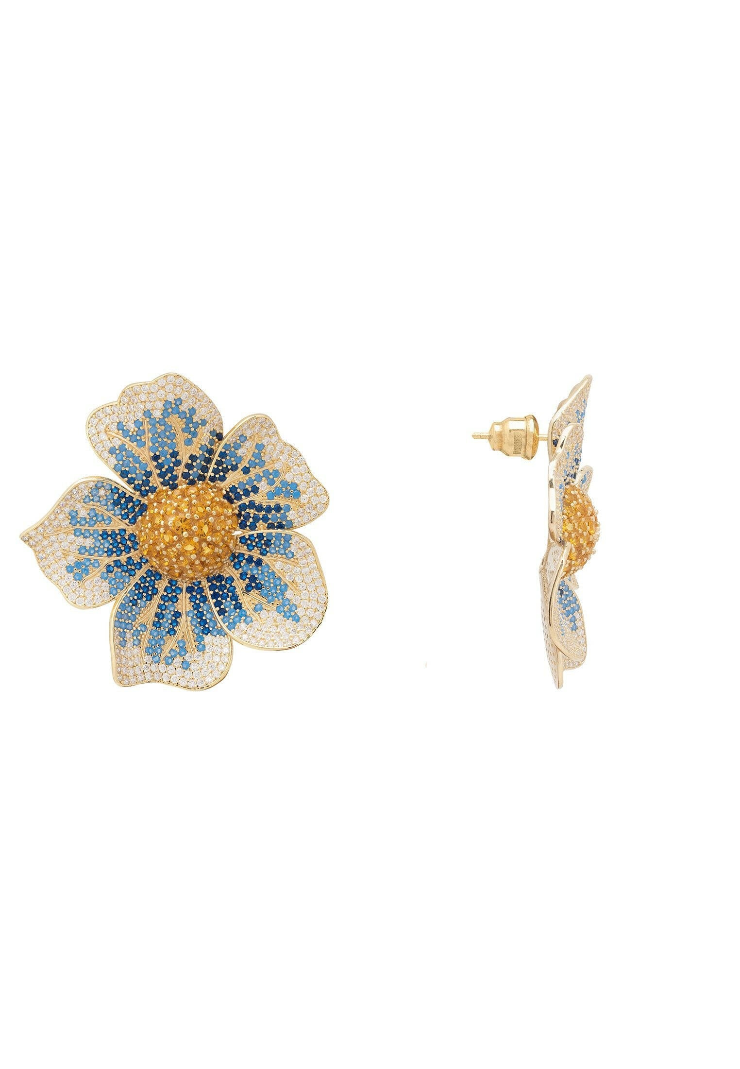 Pansy Flower Blue Earrings Gold.