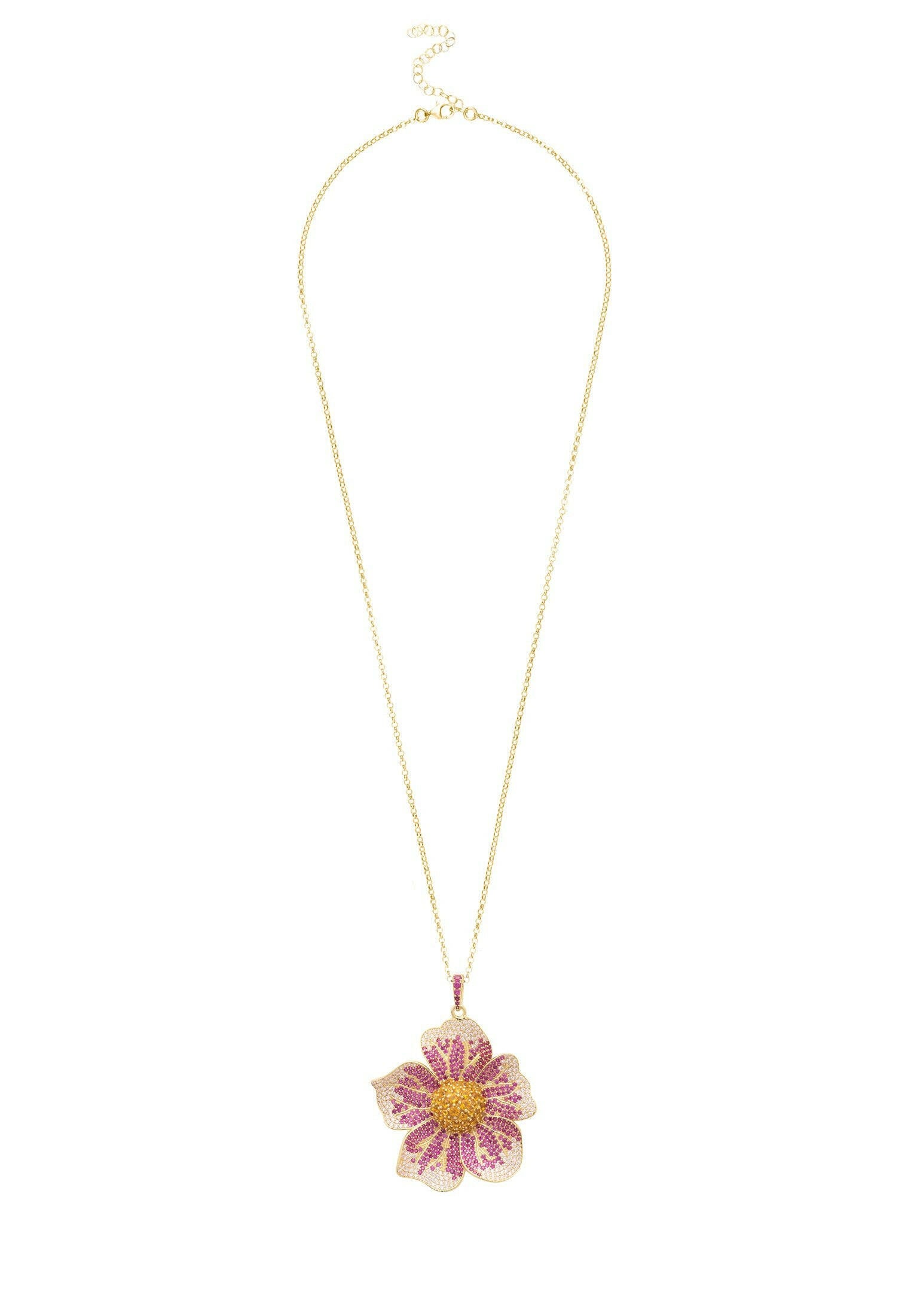 Pansy Flower Pink Necklace Gold.