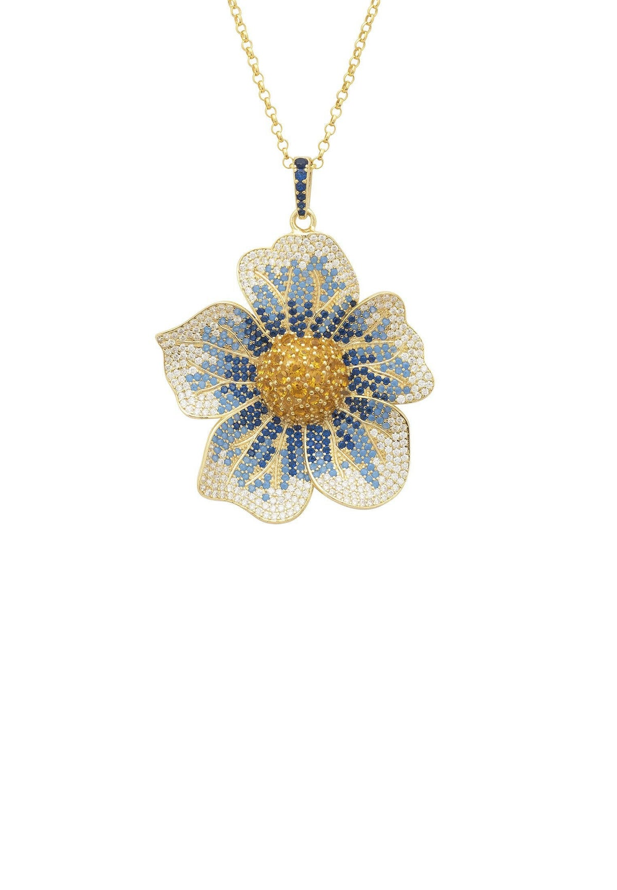 Pansy Flower Blue Necklace Gold.