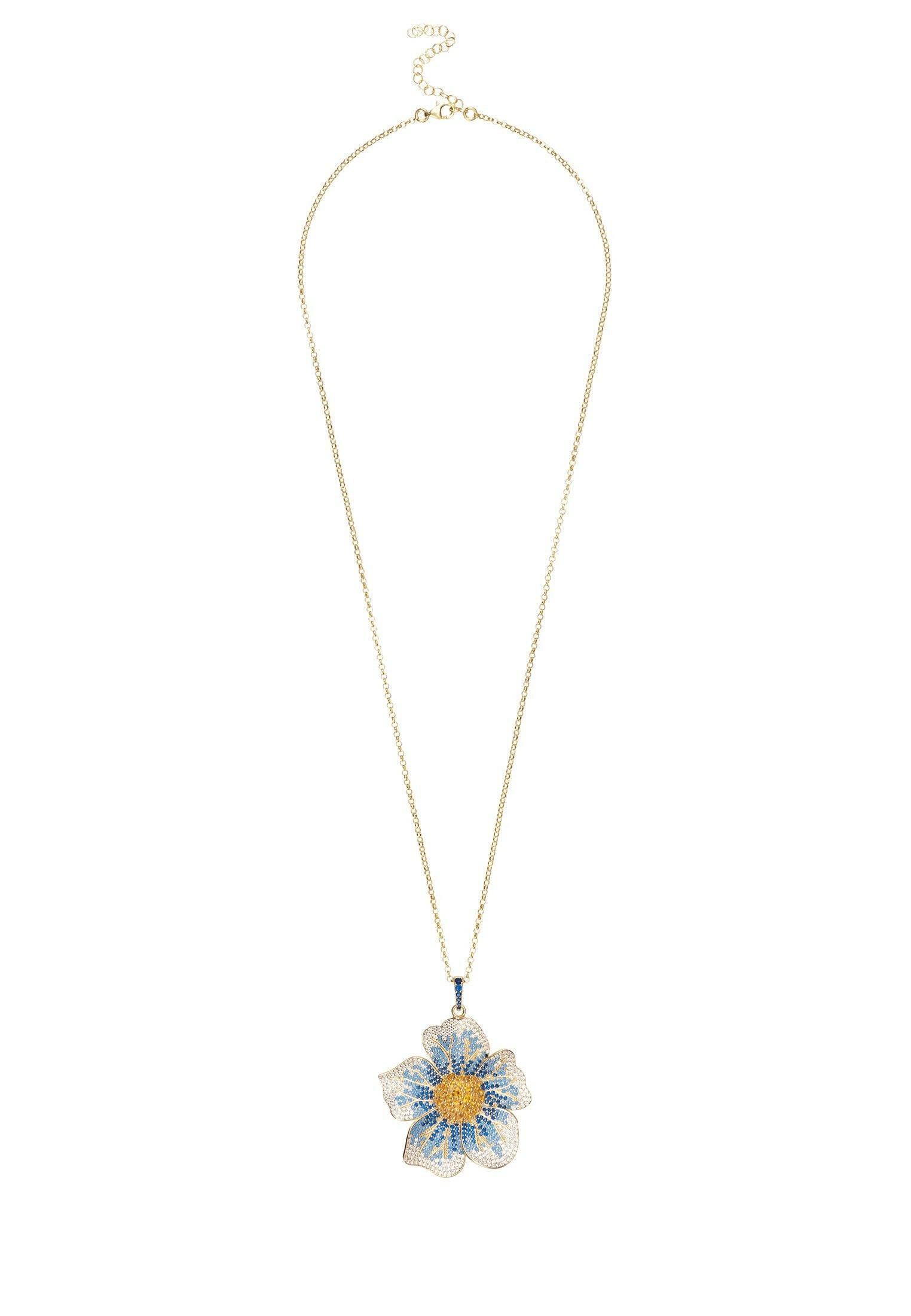 Pansy Flower Blue Necklace Gold.