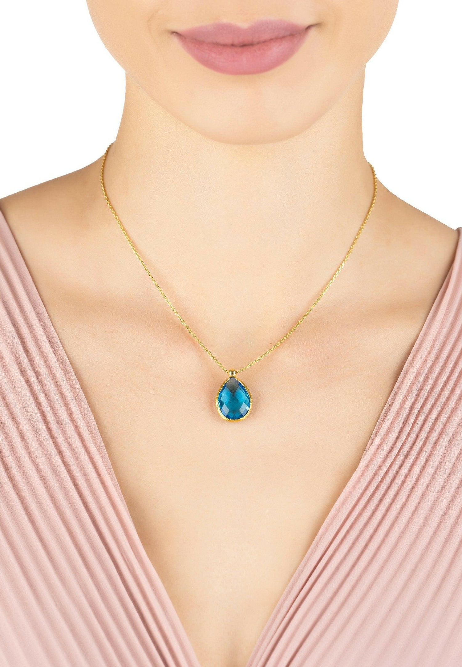 Petite Drop Necklace Gold Blue Topaz Hydro.