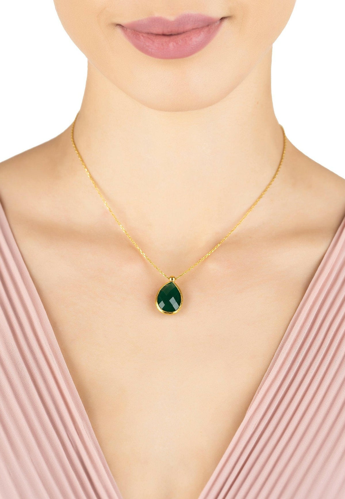 Petite Drop Necklace Gold Green Onyx.