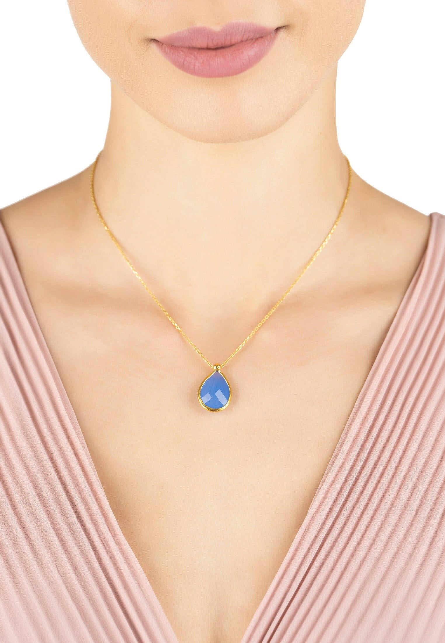 Petite Drop Necklace Gold Dark Blue Chalcedony.