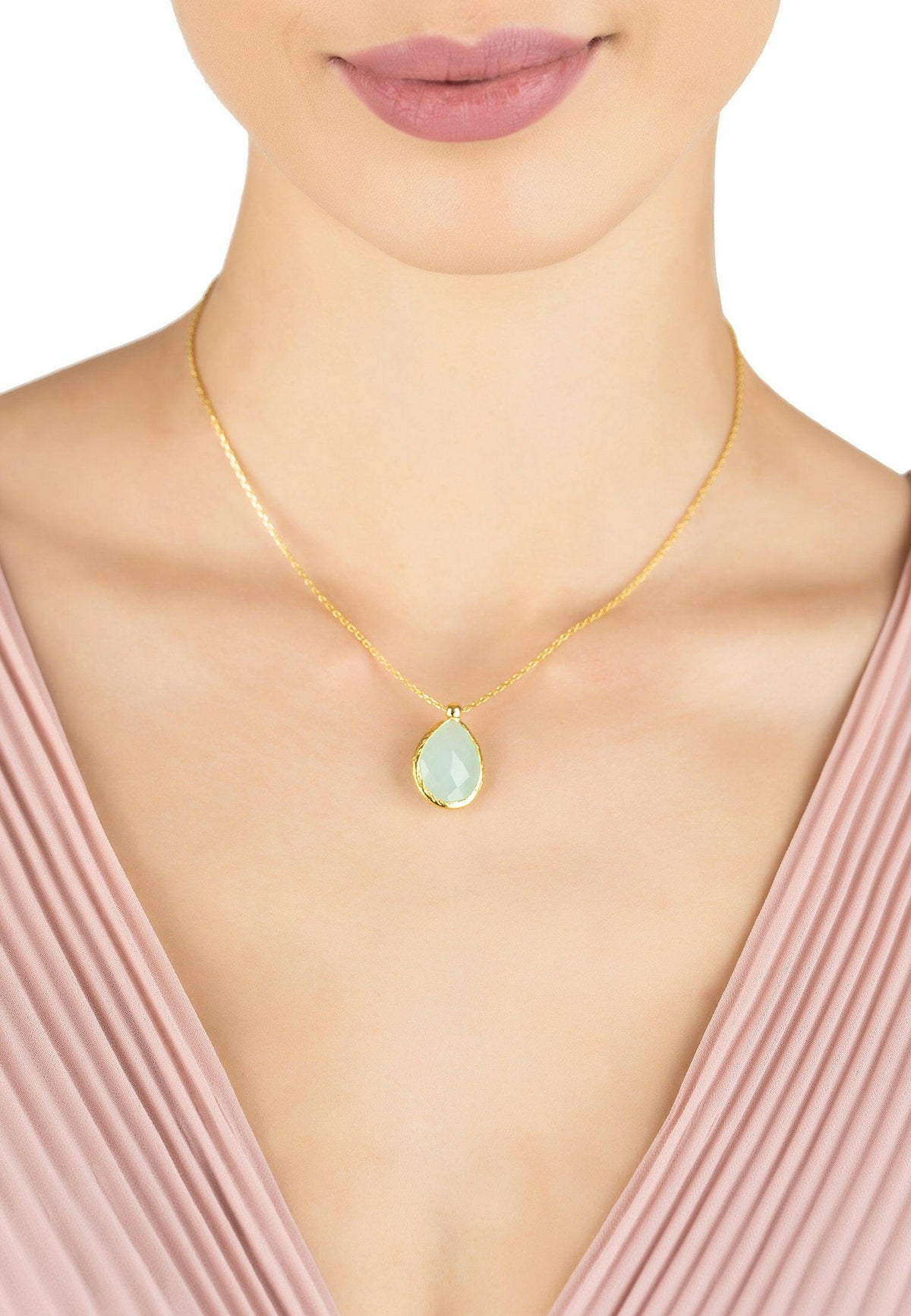 Petite Drop Necklace Gold Aqua Chalcedony.