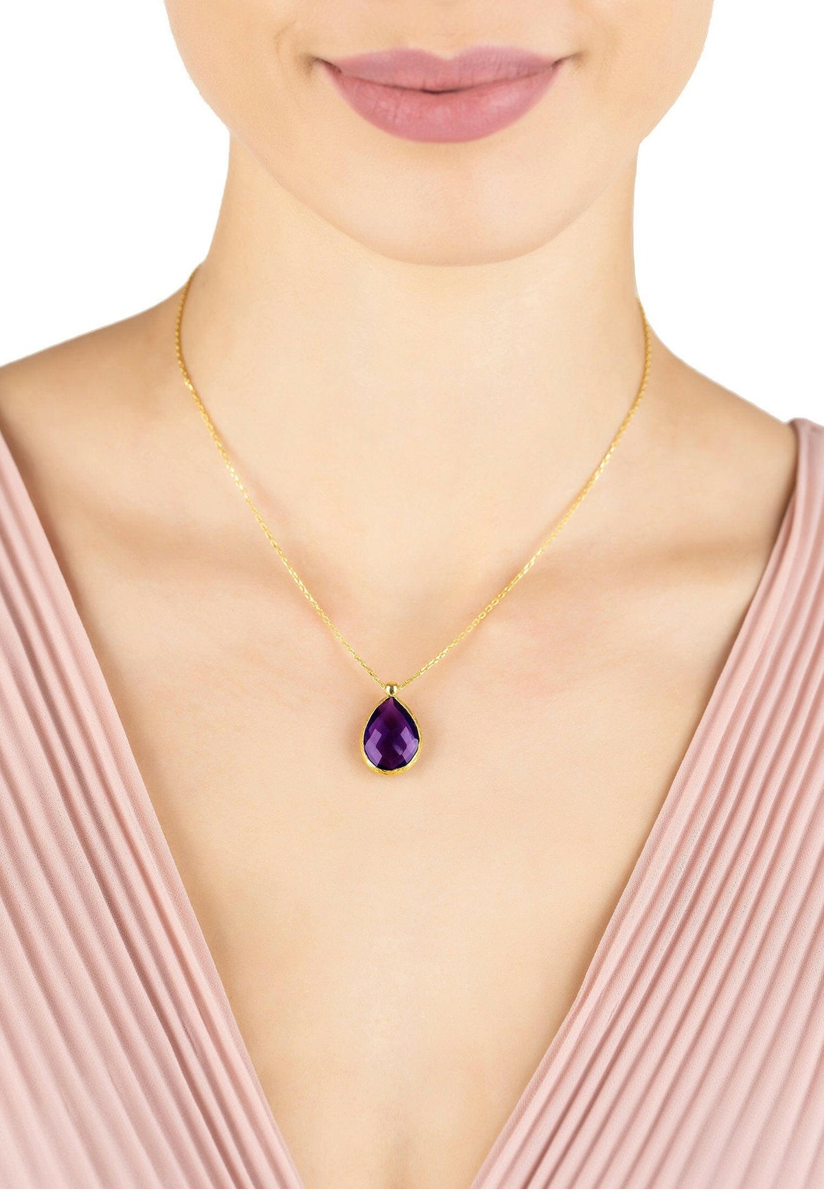 Petite Drop Necklace Gold Amethyst Hydro.