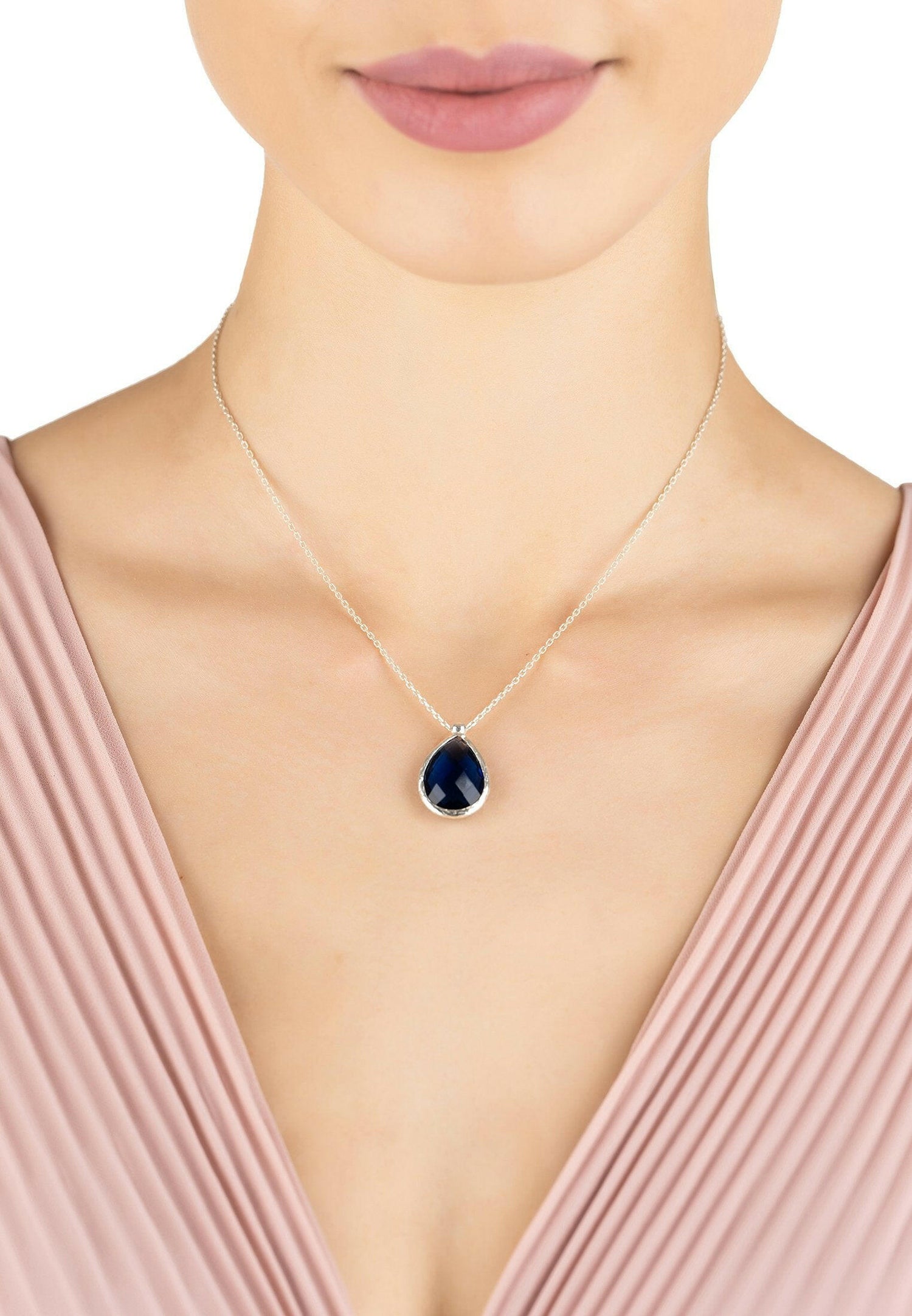 Petite Drop Necklace Silver Sapphire Hydro.