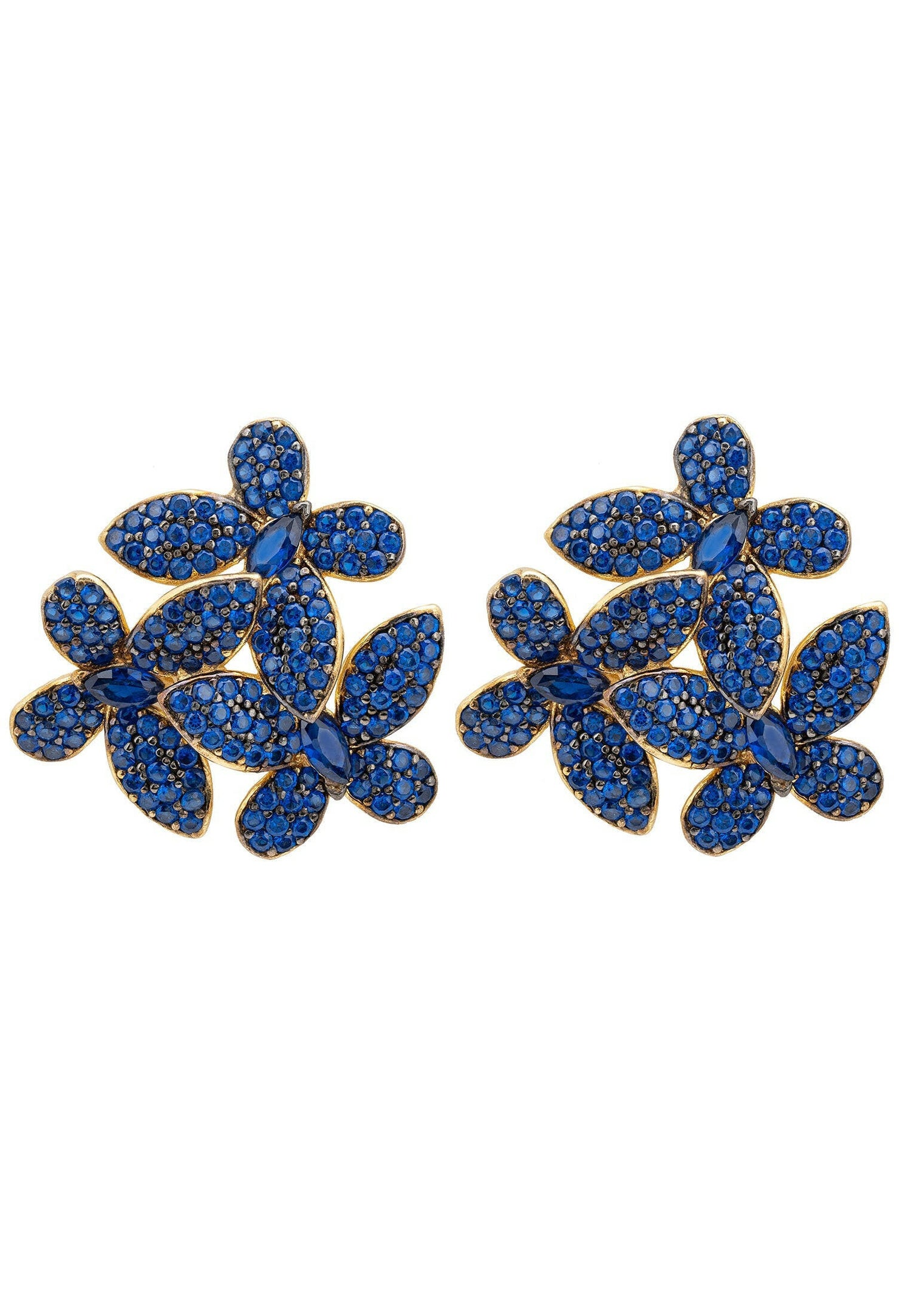 Flowers Large Stud Earrings Gold Sapphire Blue.