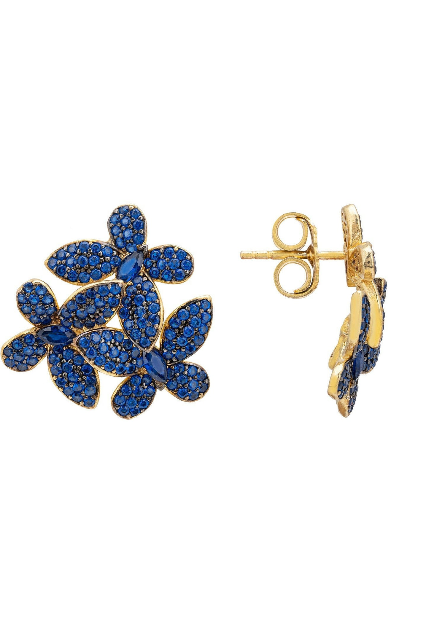 Flowers Large Stud Earrings Gold Sapphire Blue.