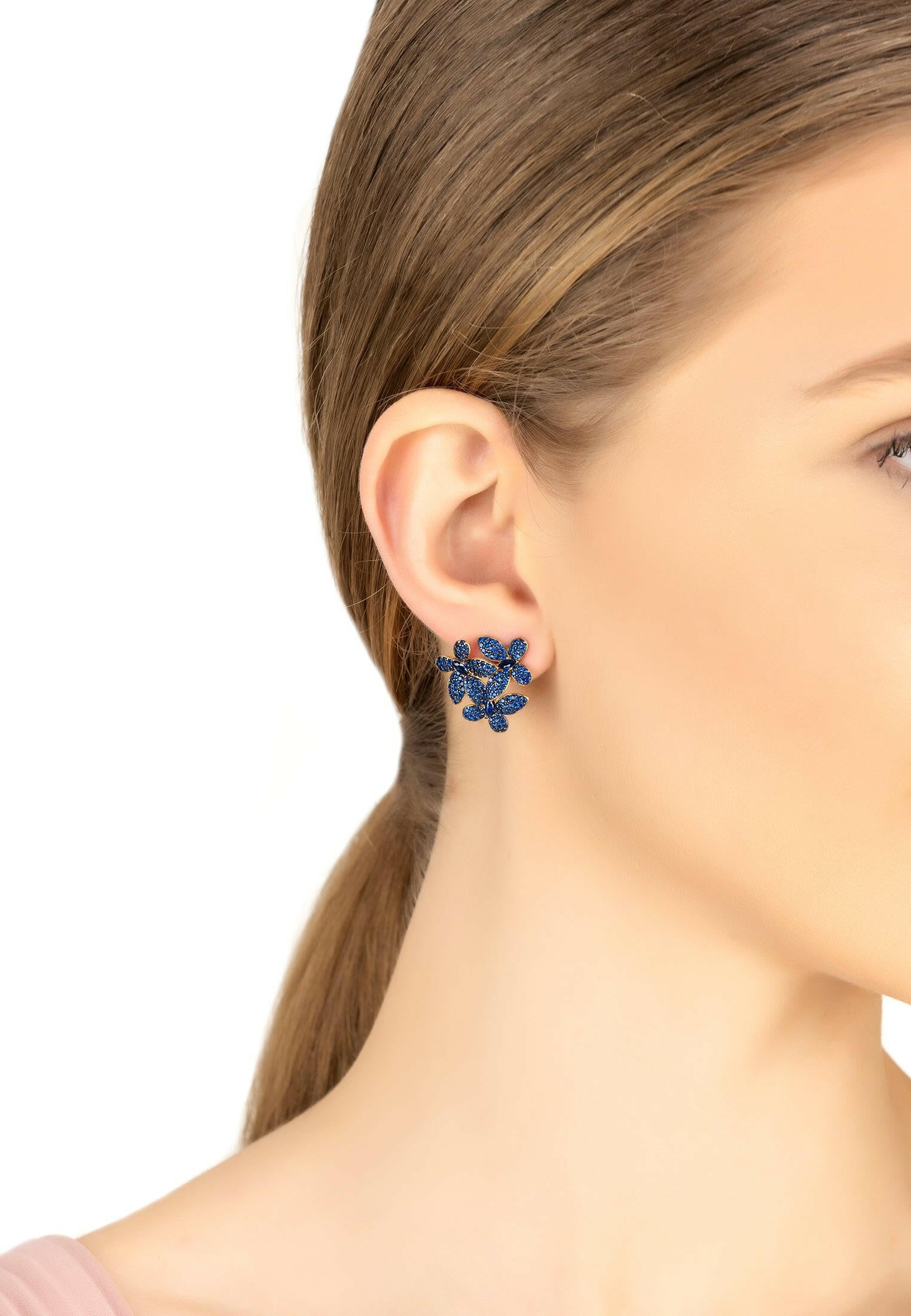 Flowers Large Stud Earrings Gold Sapphire Blue.