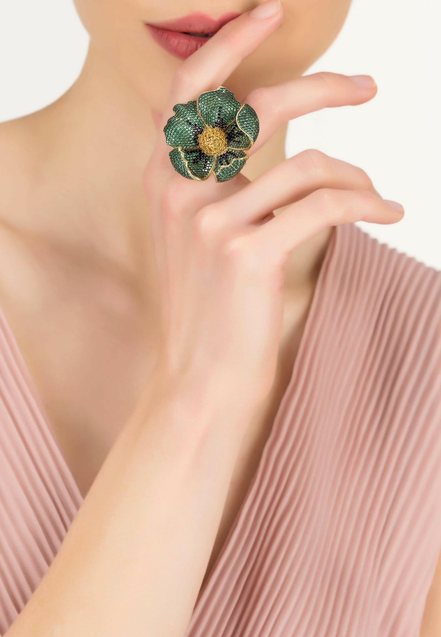 Poppy Flower Green Ring Gold.