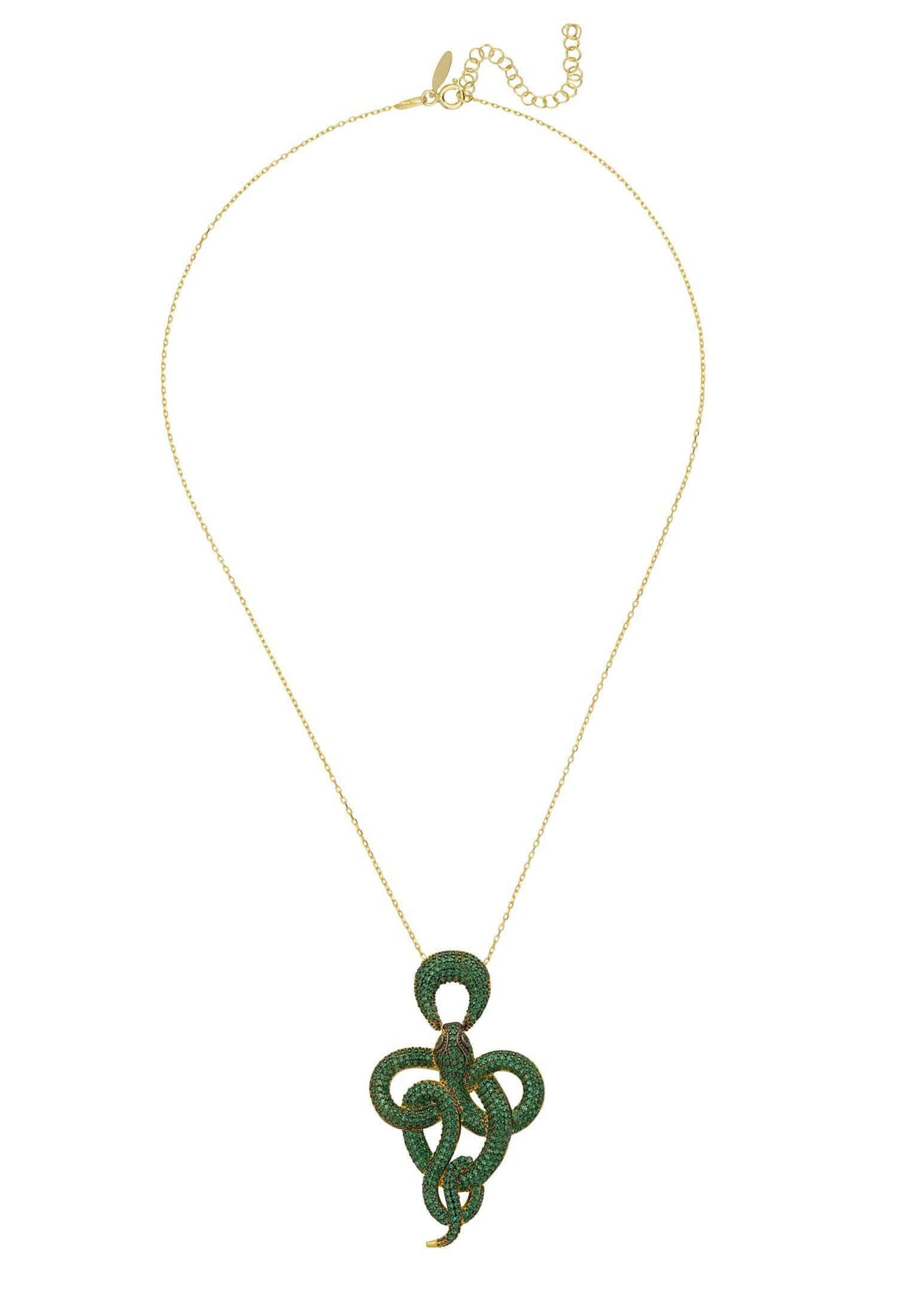 Viper Snake Pendant Necklace Gold Emerald.