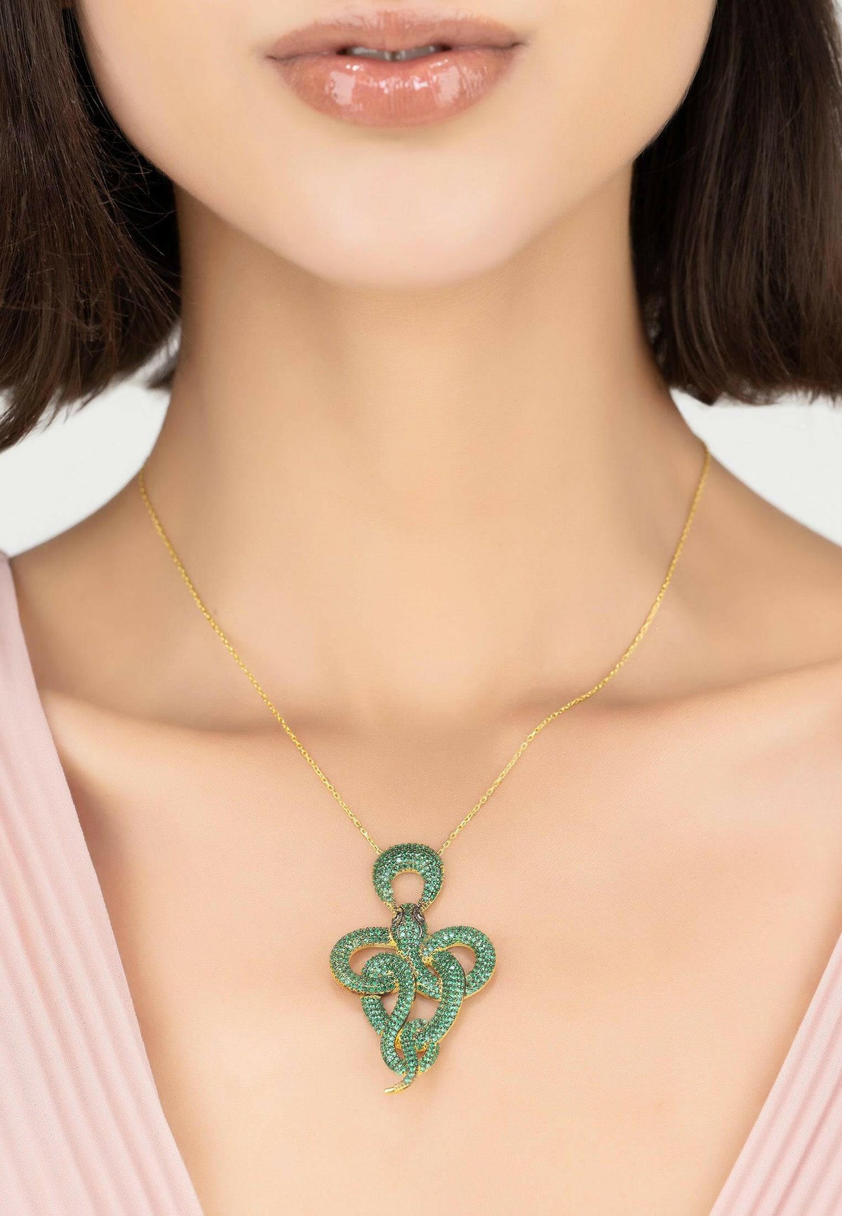 Viper Snake Pendant Necklace Gold Emerald.