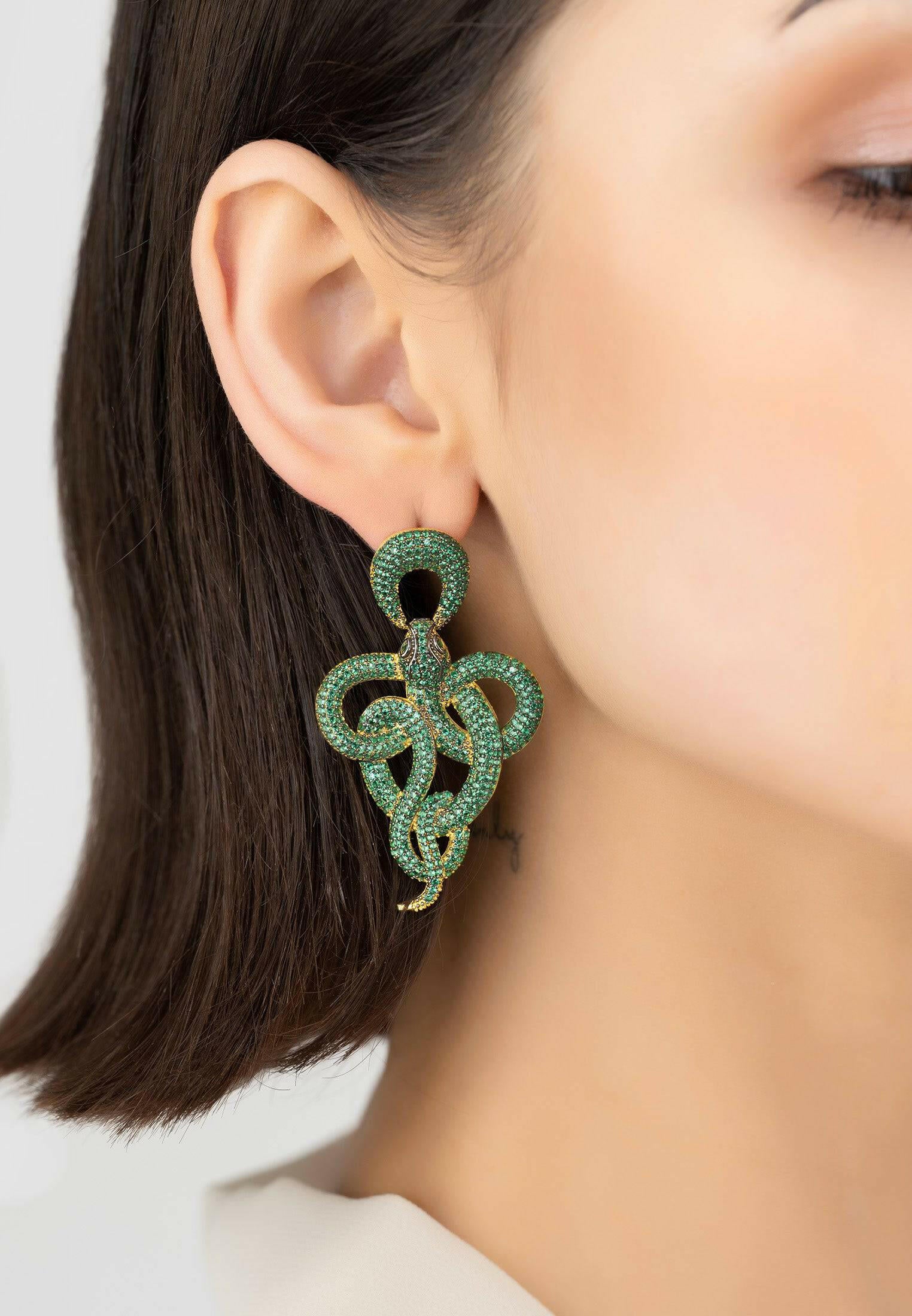 Viper Snake Drop Earrings Gold Emerald.