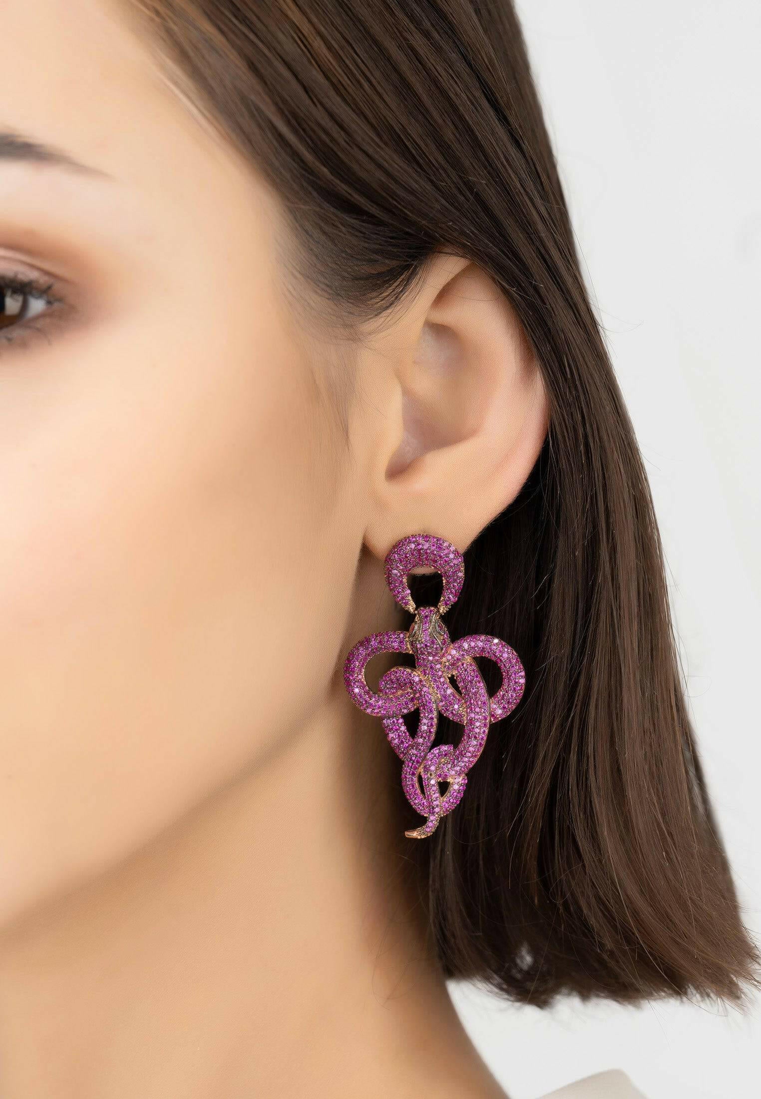 Viper Snake Drop Earrings Rosegold Ruby.