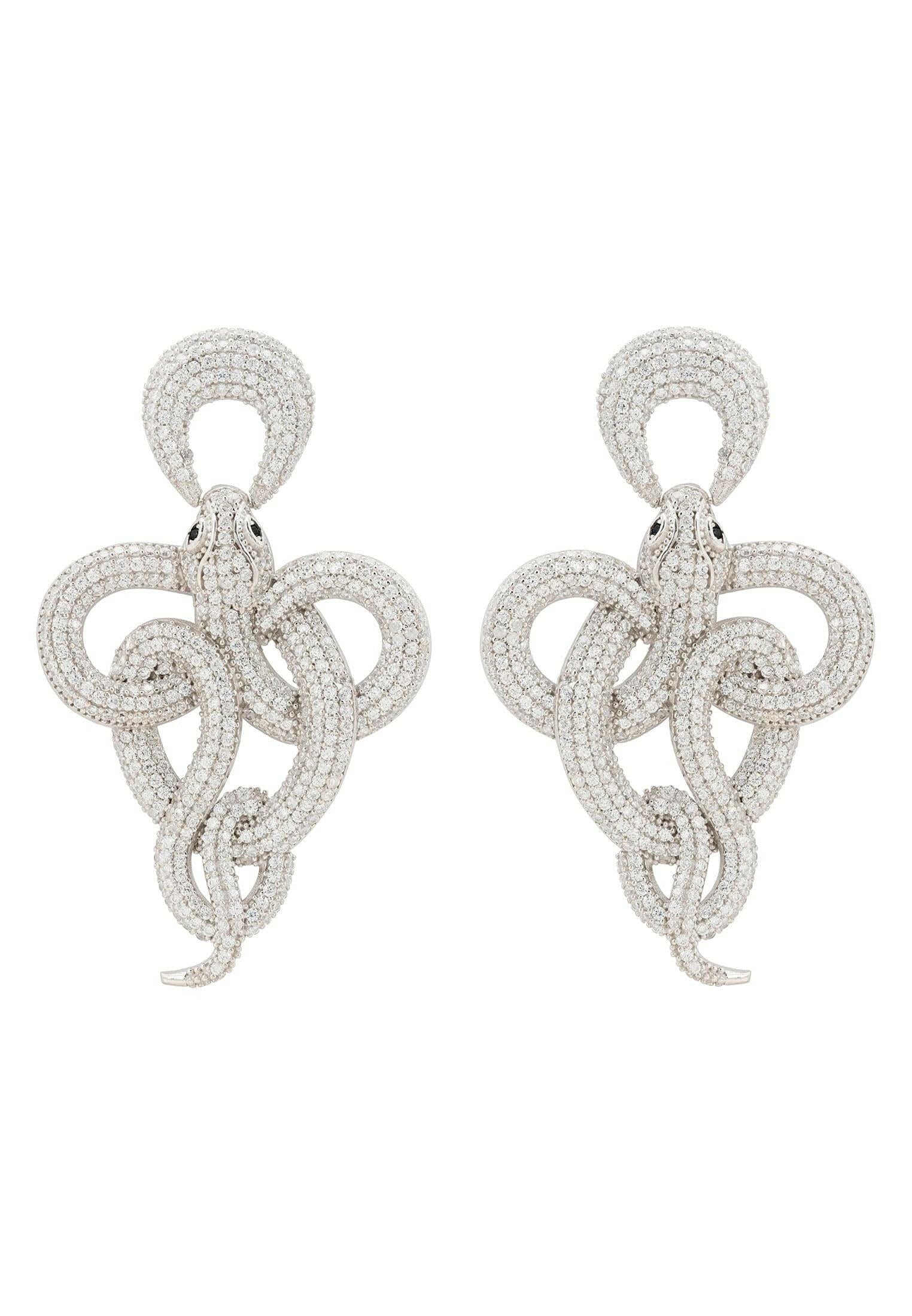 Viper Snake Drop Earrings Silver White.