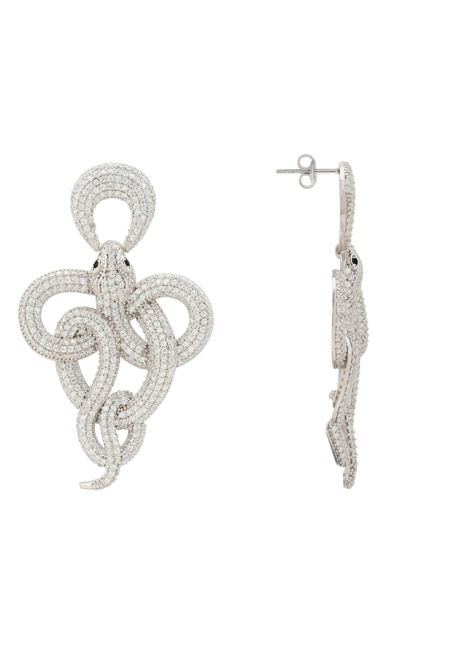 Viper Snake Drop Earrings Silver White.