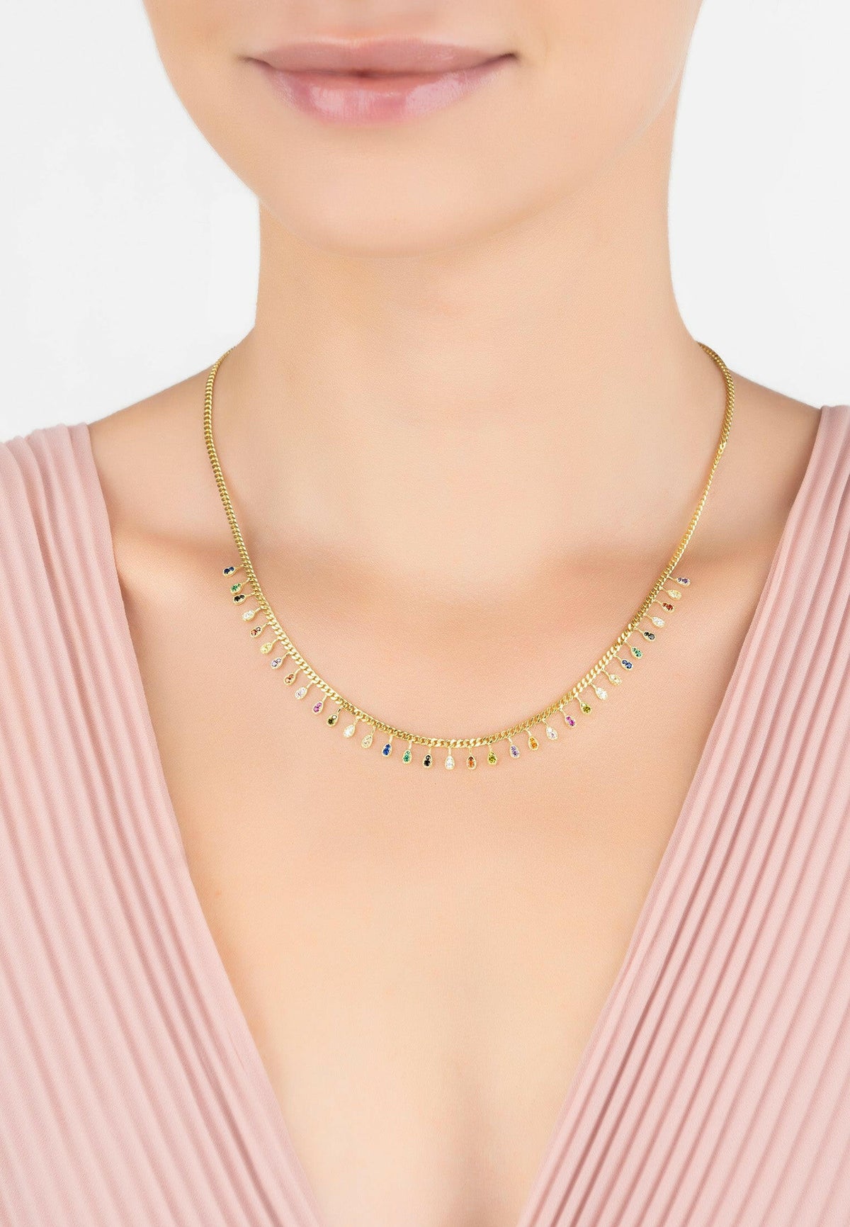 Rainbow Droplets Necklace Gold.