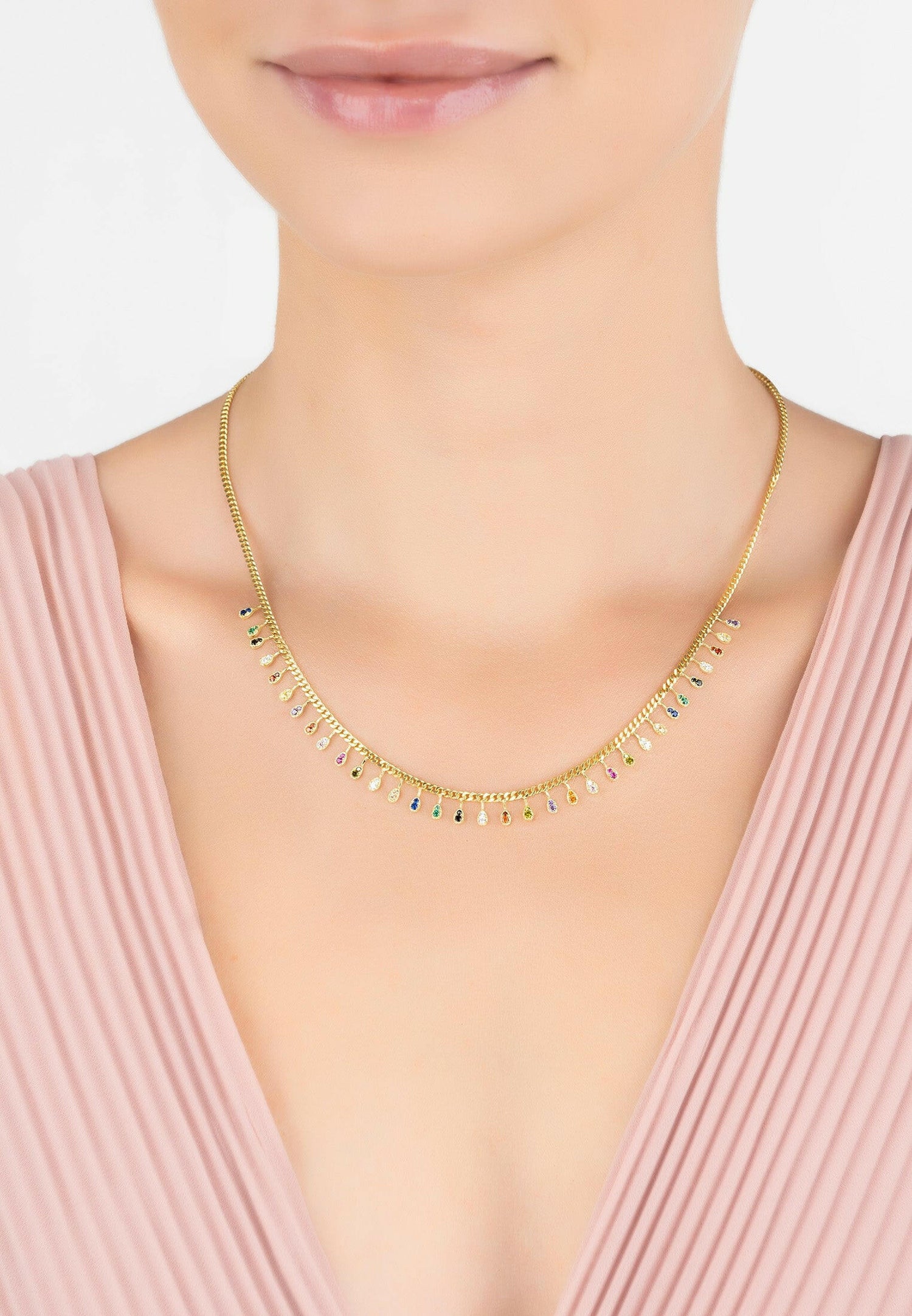 Rainbow Droplets Necklace Gold.