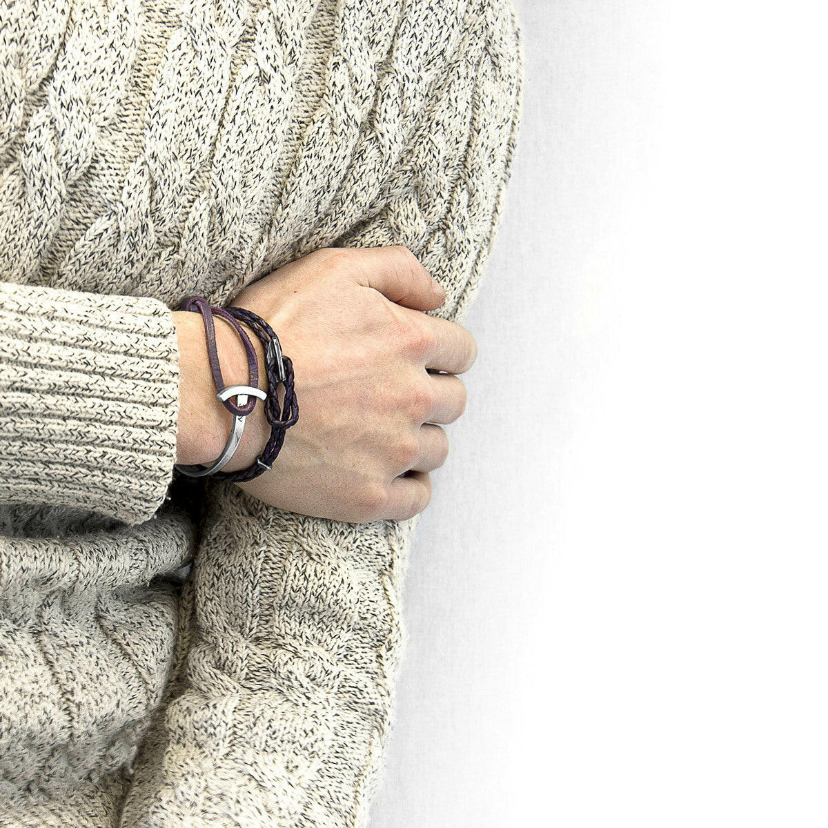 Grape Purple Padstow Silver & Leather Bracelet.