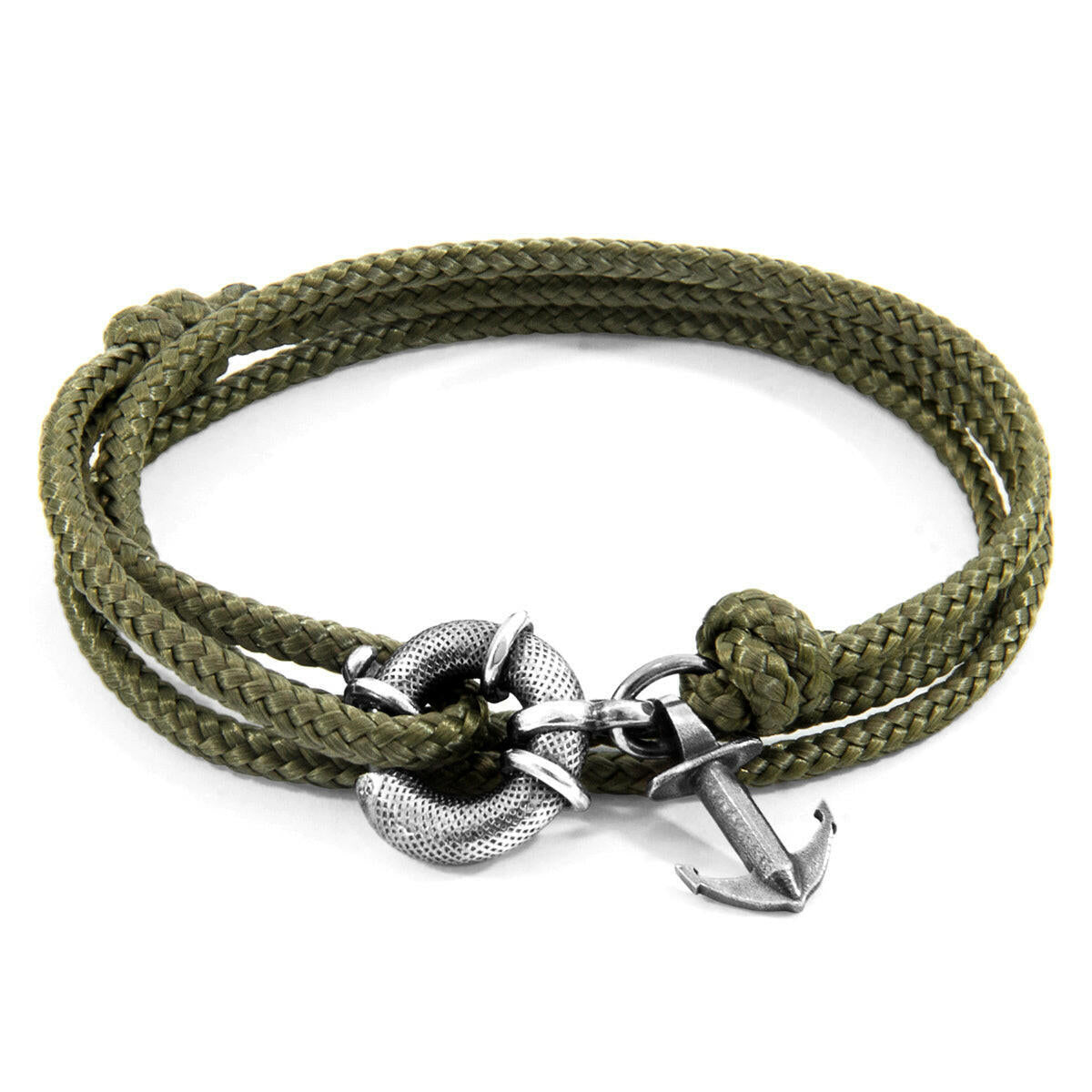 Khaki Green Clyde Anchor Silver and Rope Bracelet.