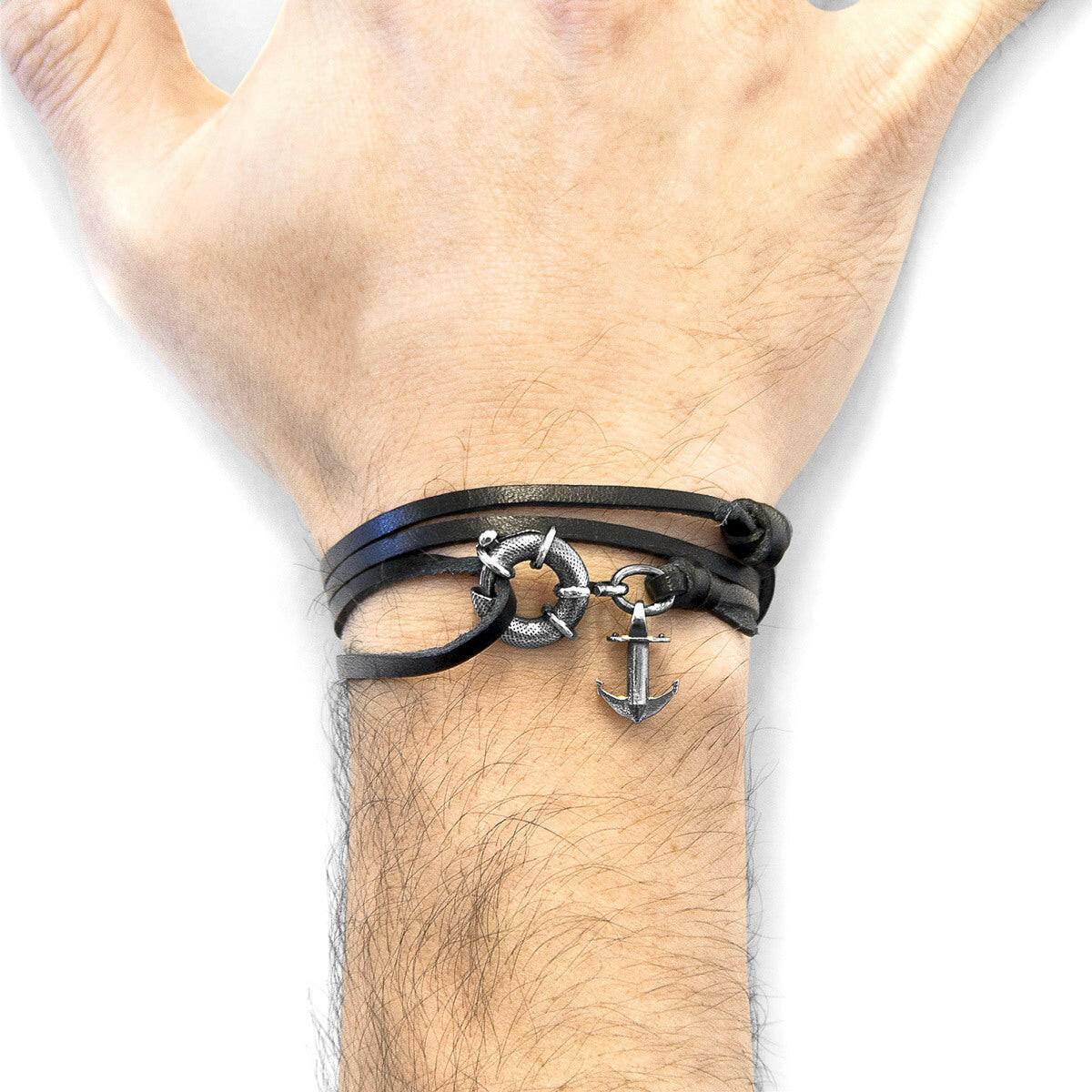 Coal Black Clyde Anchor Silver & Leather Bracelet.