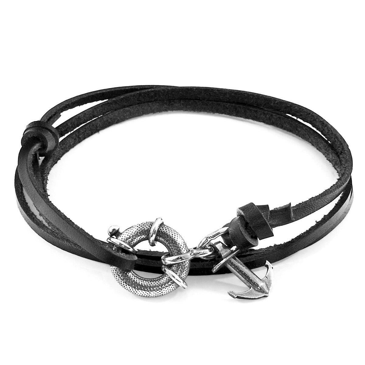 Coal Black Clyde Anchor Silver & Leather Bracelet.