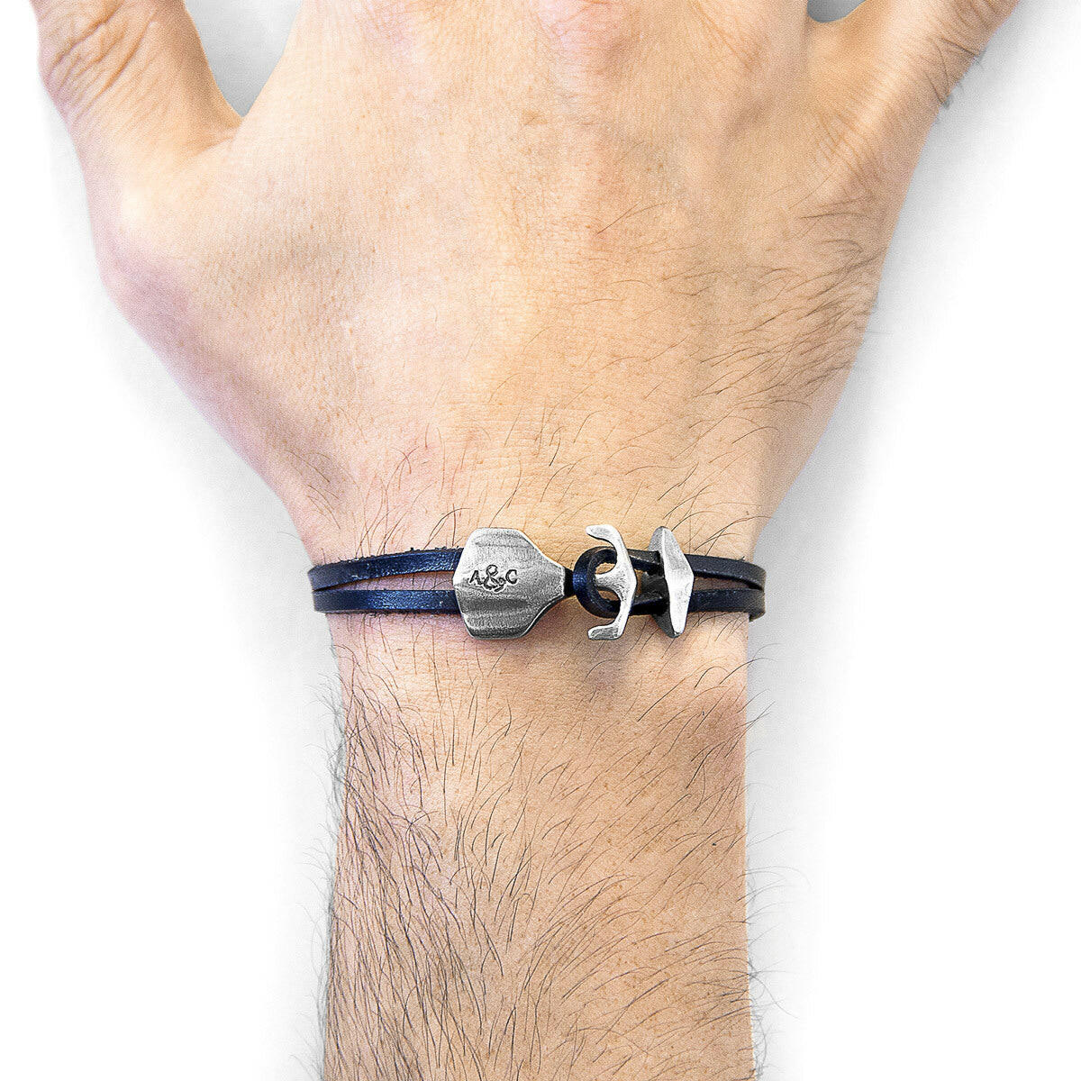 Coal Black Delta Anchor Silver & Flat Leather Bracelet.