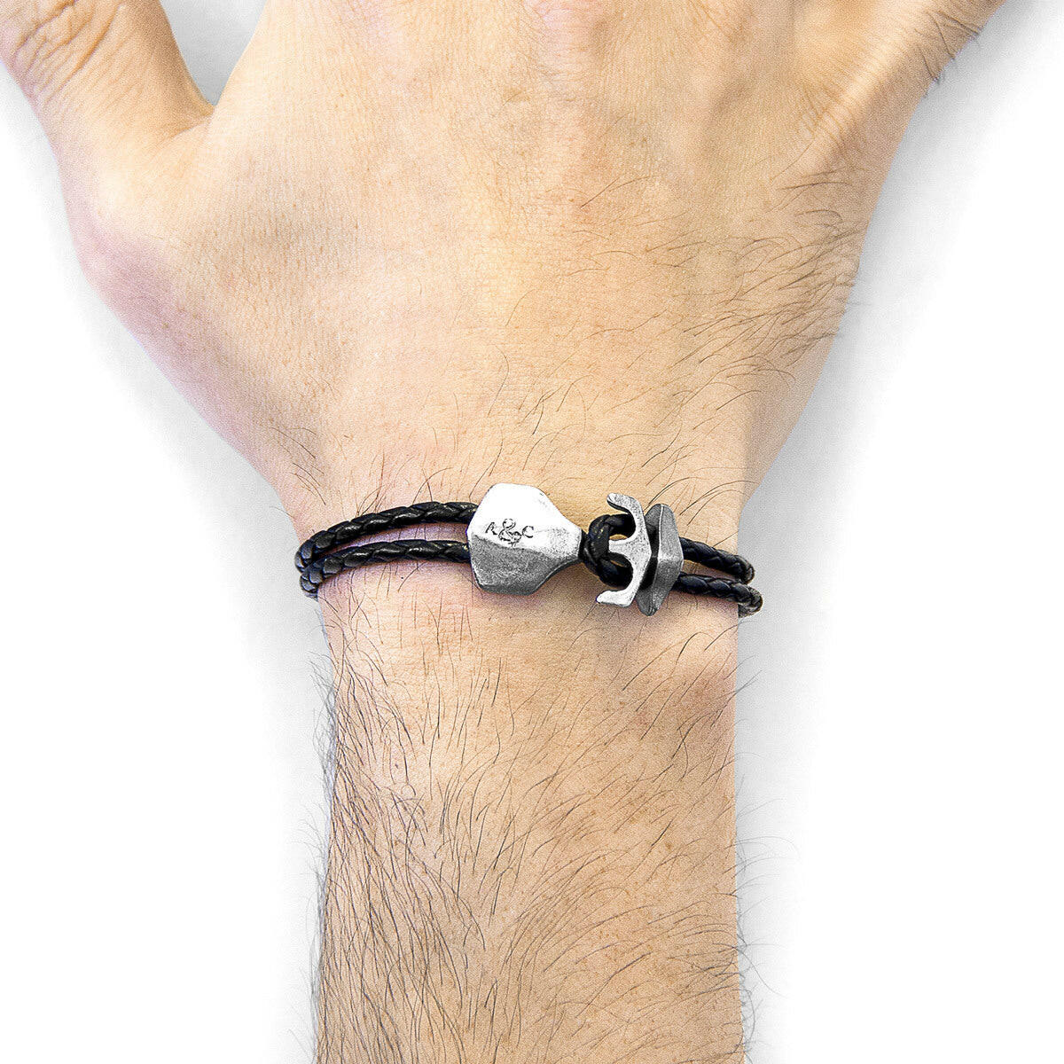 Coal Black Delta Anchor Silver & Leather Bracelet.