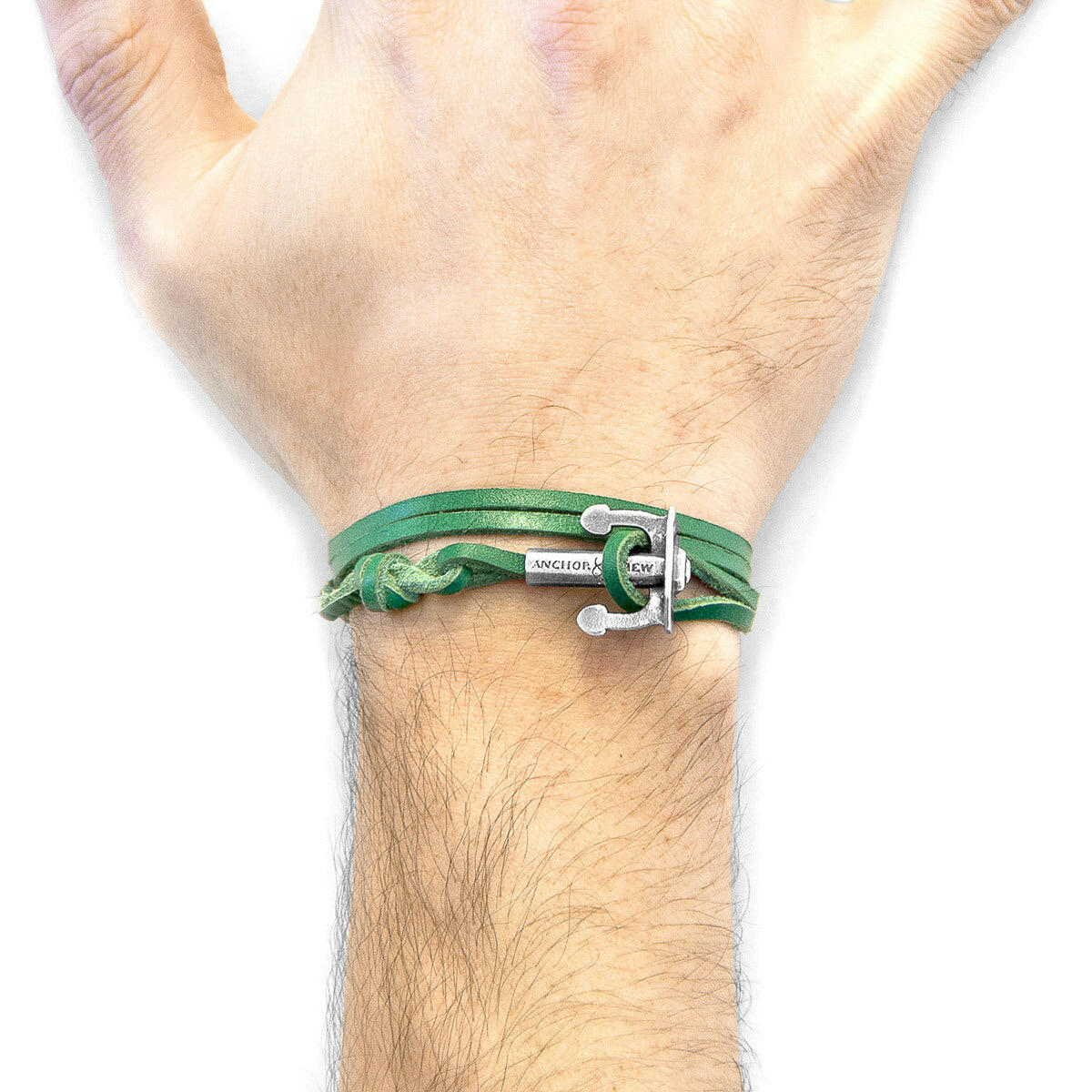 Fern Green Union Anchor Silver & Flat Leather Bracelet.