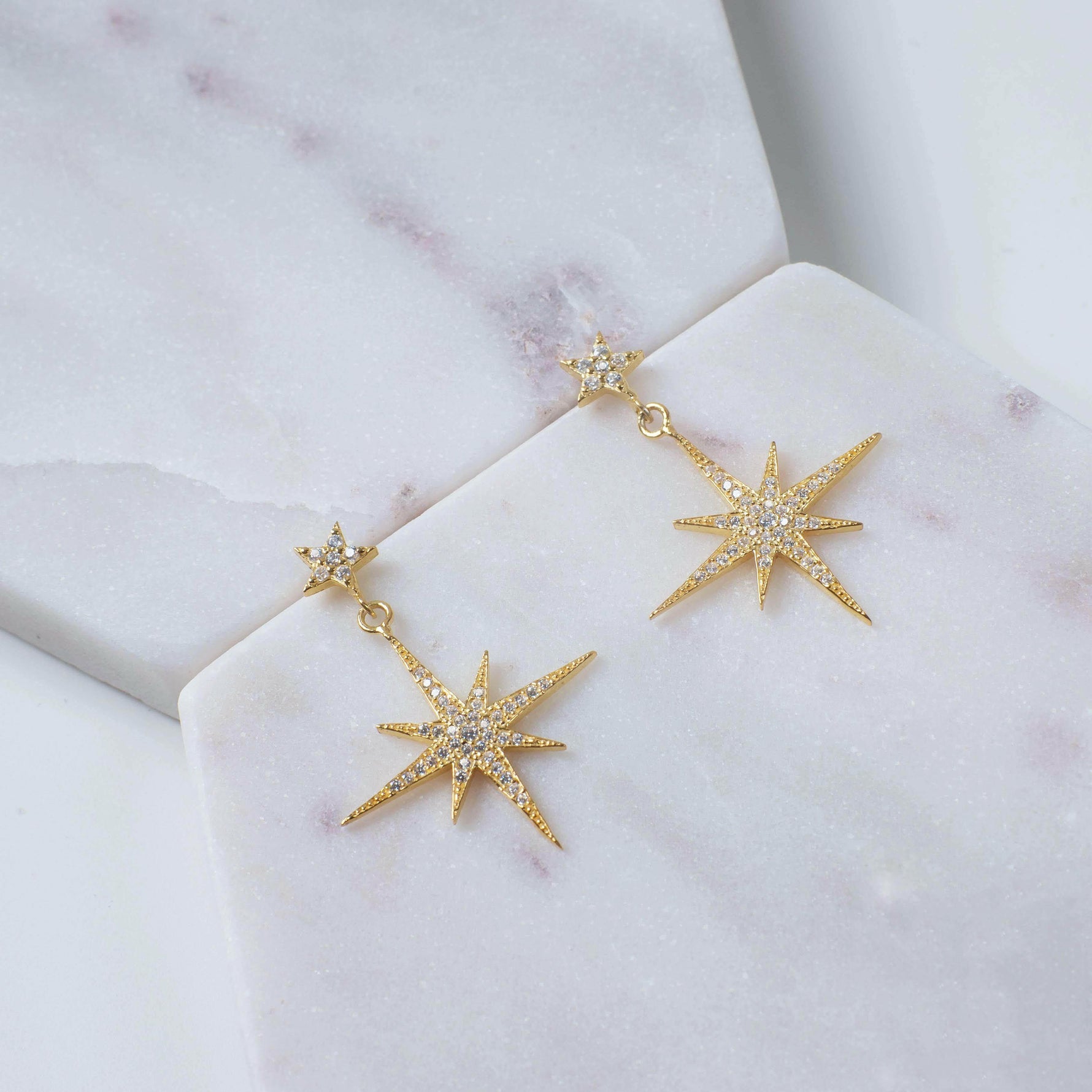 Petite Star Burst Drop Earrings Gold.