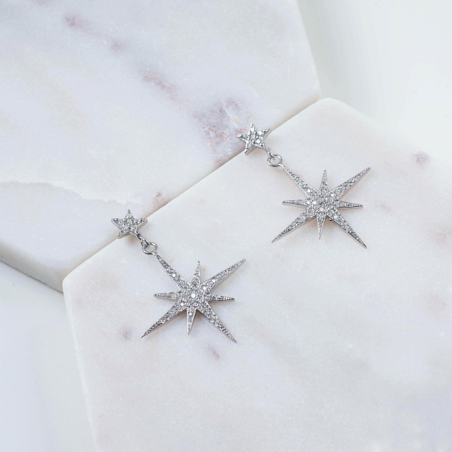 Petite Star Burst Drop Earrings Silver.