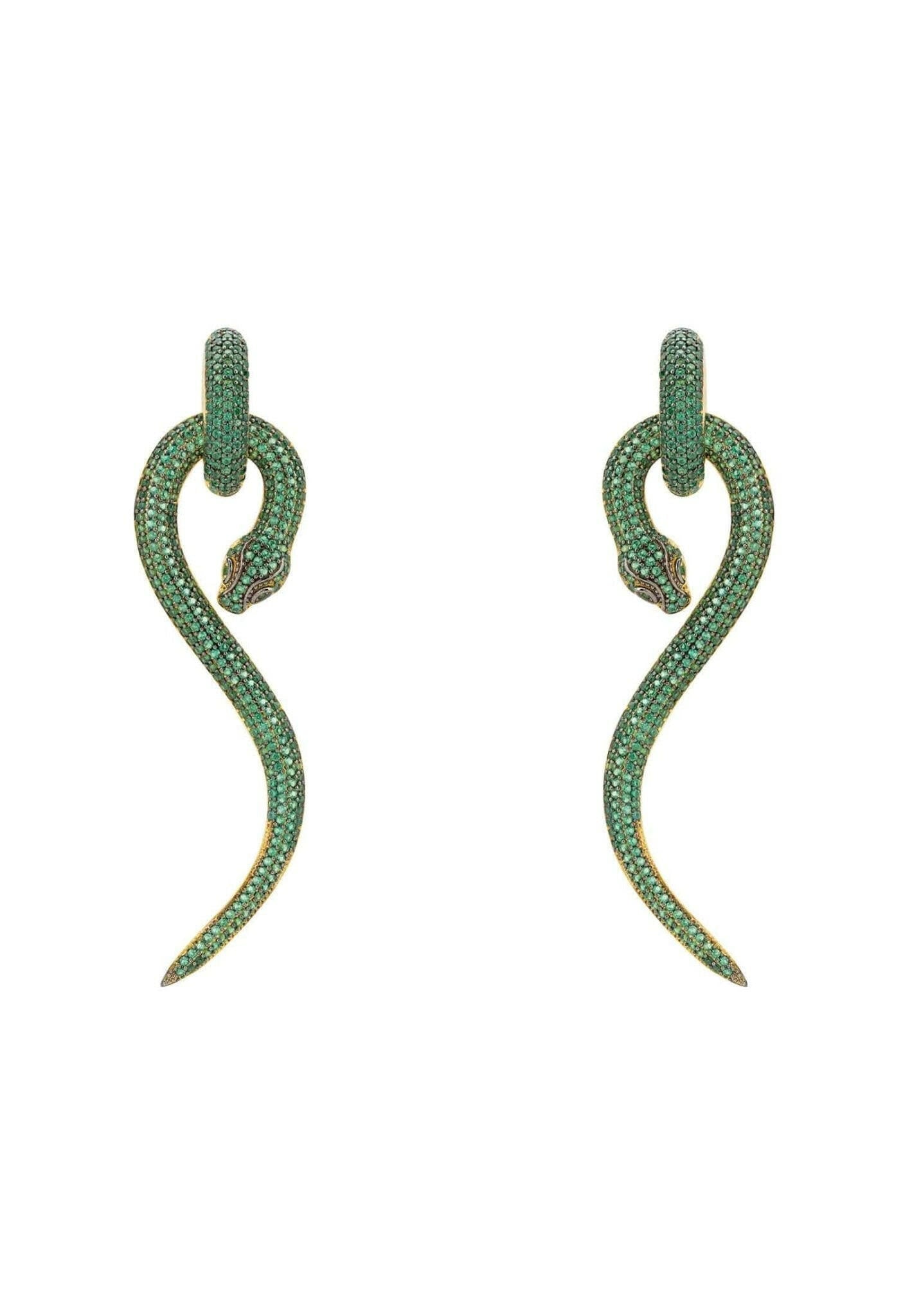 Anaconda Snake Drop Earrings Gold Emerald.